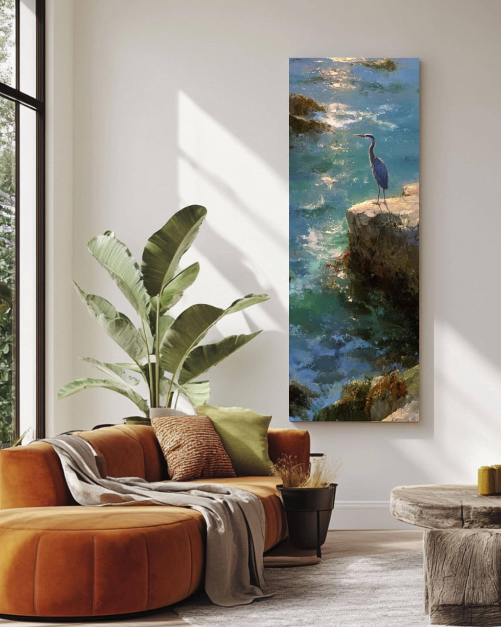 Blue Heron Coastal Art Print: Kinkade & Sargent Style Ocean Painting Canvas Wall Art – Modern Decor Print
