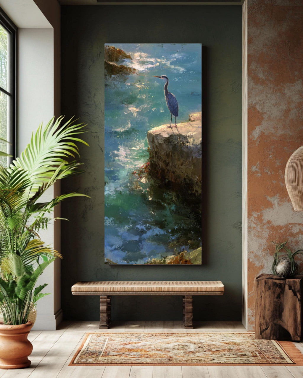 Blue Heron Coastal Art Print: Kinkade & Sargent Style Ocean Painting Canvas Wall Art – Modern Decor Print