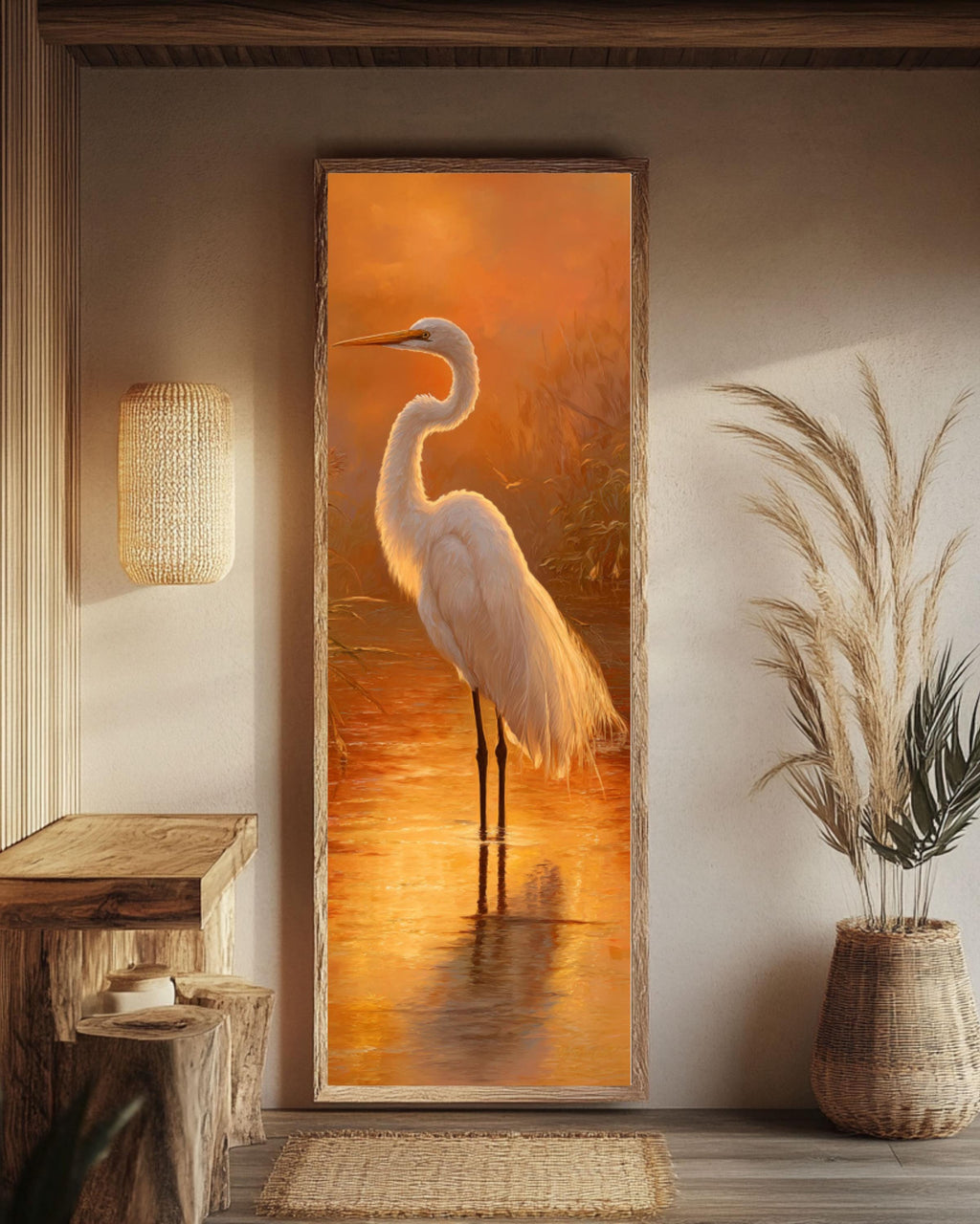 Egret at Golden Hour Print: Kinkade Style Nature Art Canvas Wall Art – Modern Decor Print