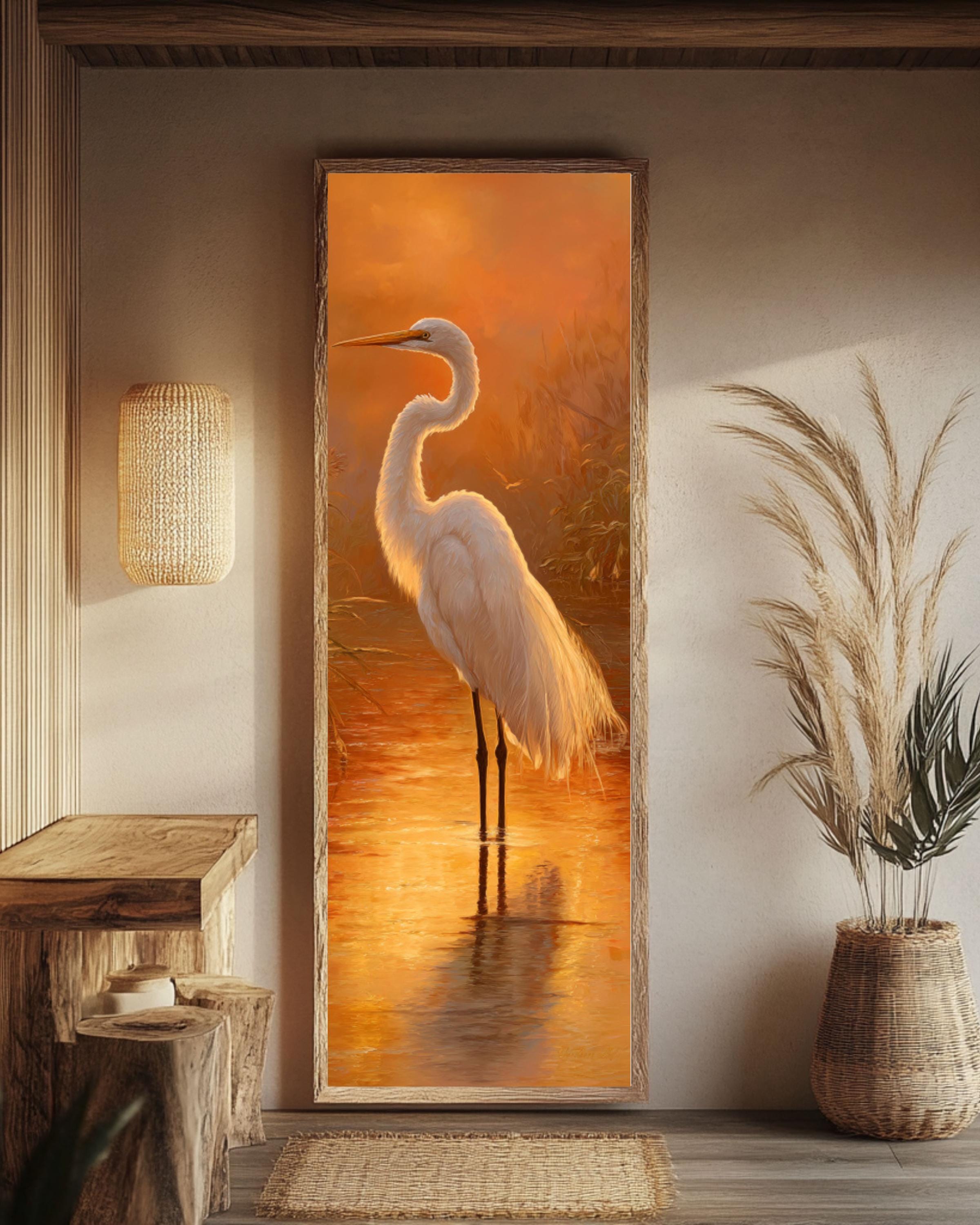 Egret at Golden Hour Print: Kinkade Style Nature Art Canvas Wall Art – Modern Decor Print