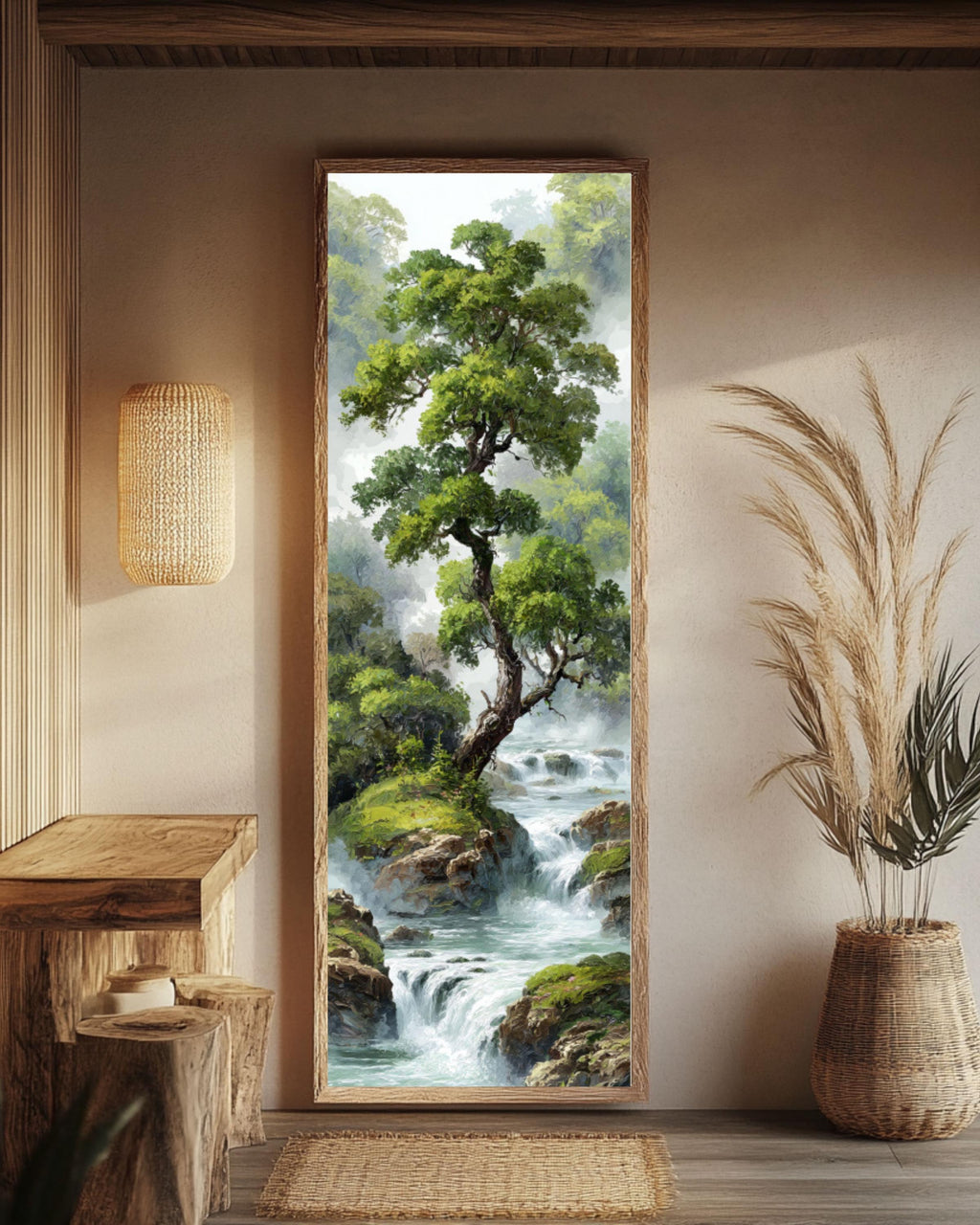 Chinese Waterfall Landscape Art: Misty Forest Zen Print Canvas Wall Art – Modern Decor Print
