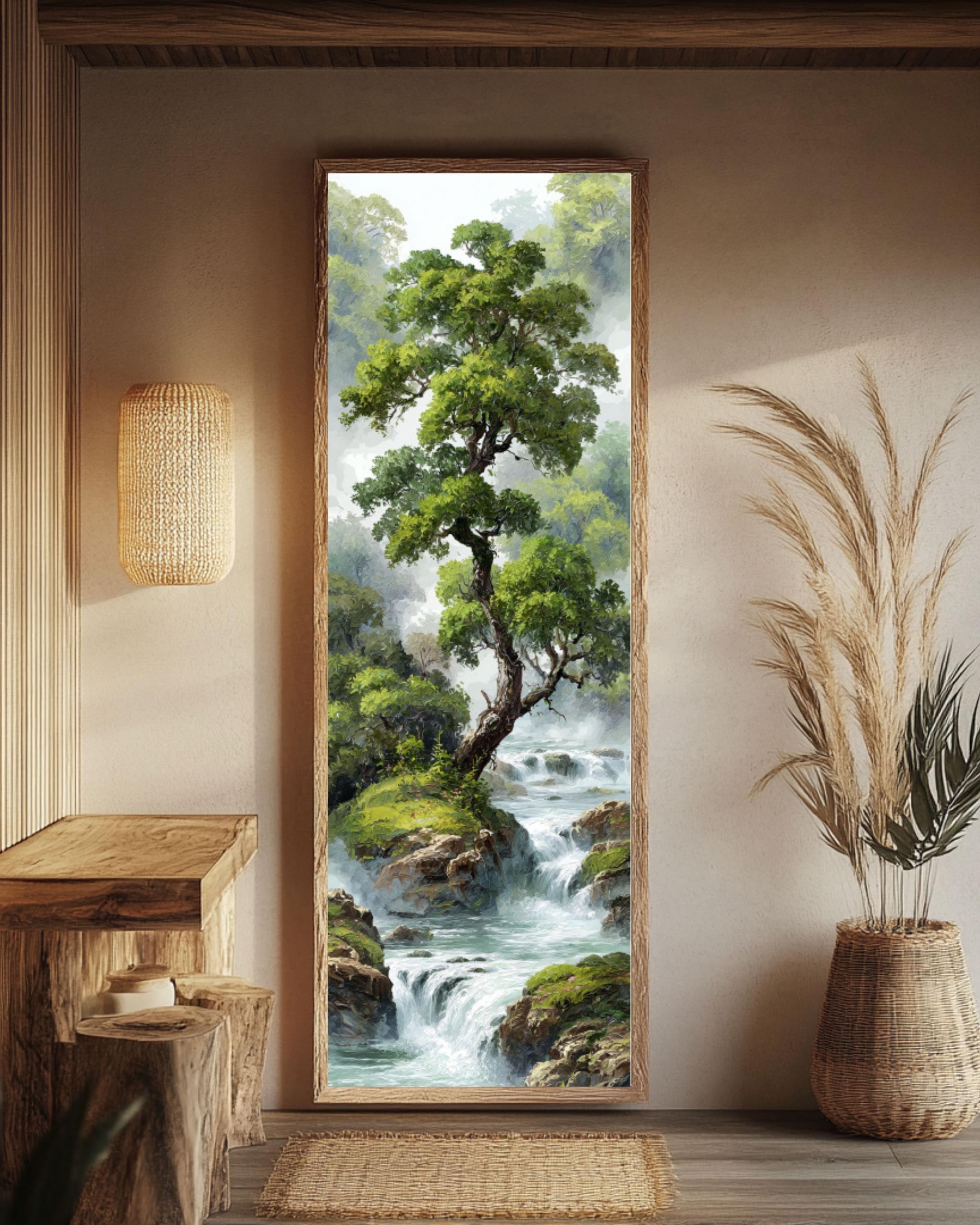 Chinese Waterfall Landscape Art: Misty Forest Zen Print Canvas Wall Art – Modern Decor Print