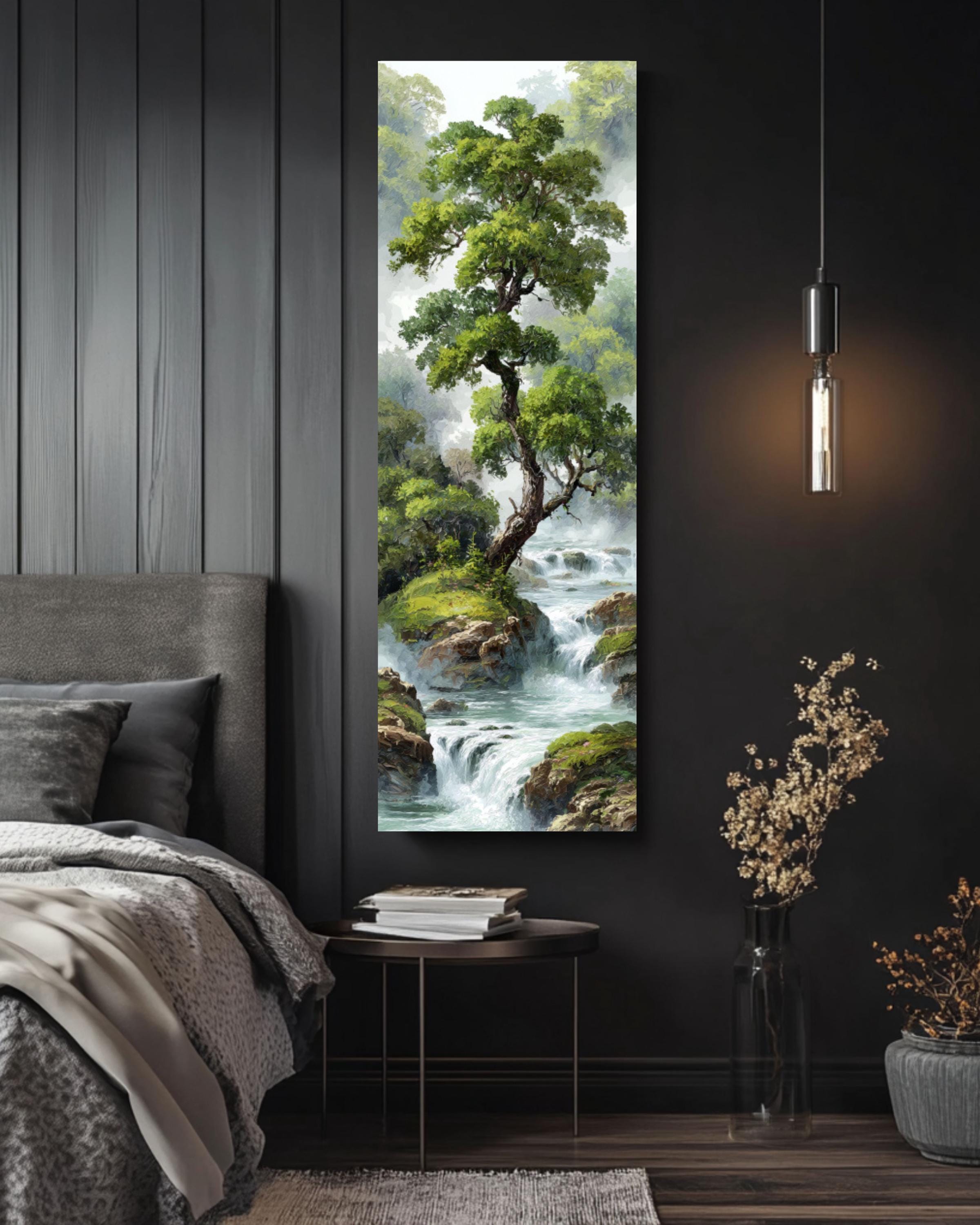 Chinese Waterfall Landscape Art: Misty Forest Zen Print Canvas Wall Art – Modern Decor Print