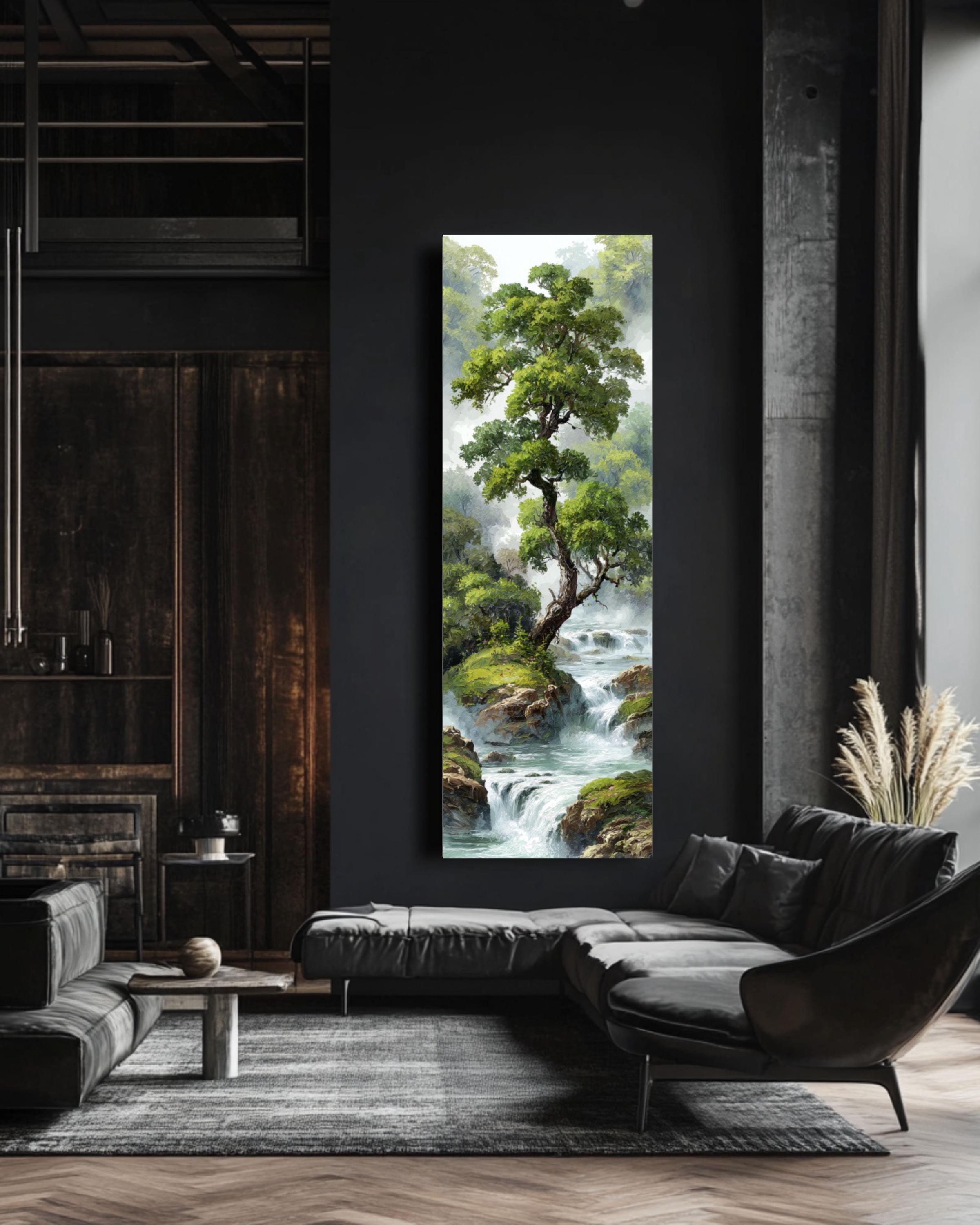 Chinese Waterfall Landscape Art: Misty Forest Zen Print Canvas Wall Art – Modern Decor Print