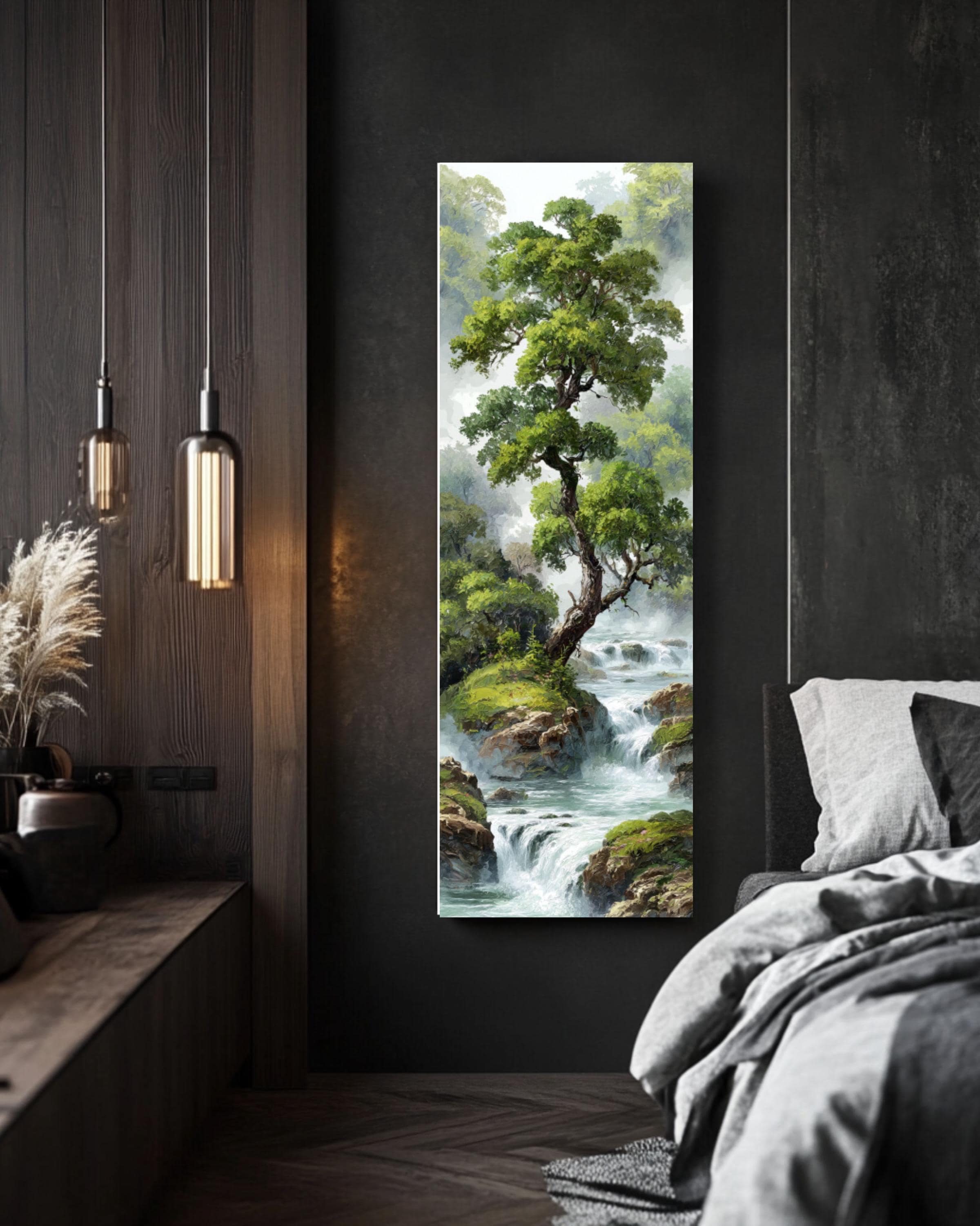 Chinese Waterfall Landscape Art: Misty Forest Zen Print Canvas Wall Art – Modern Decor Print
