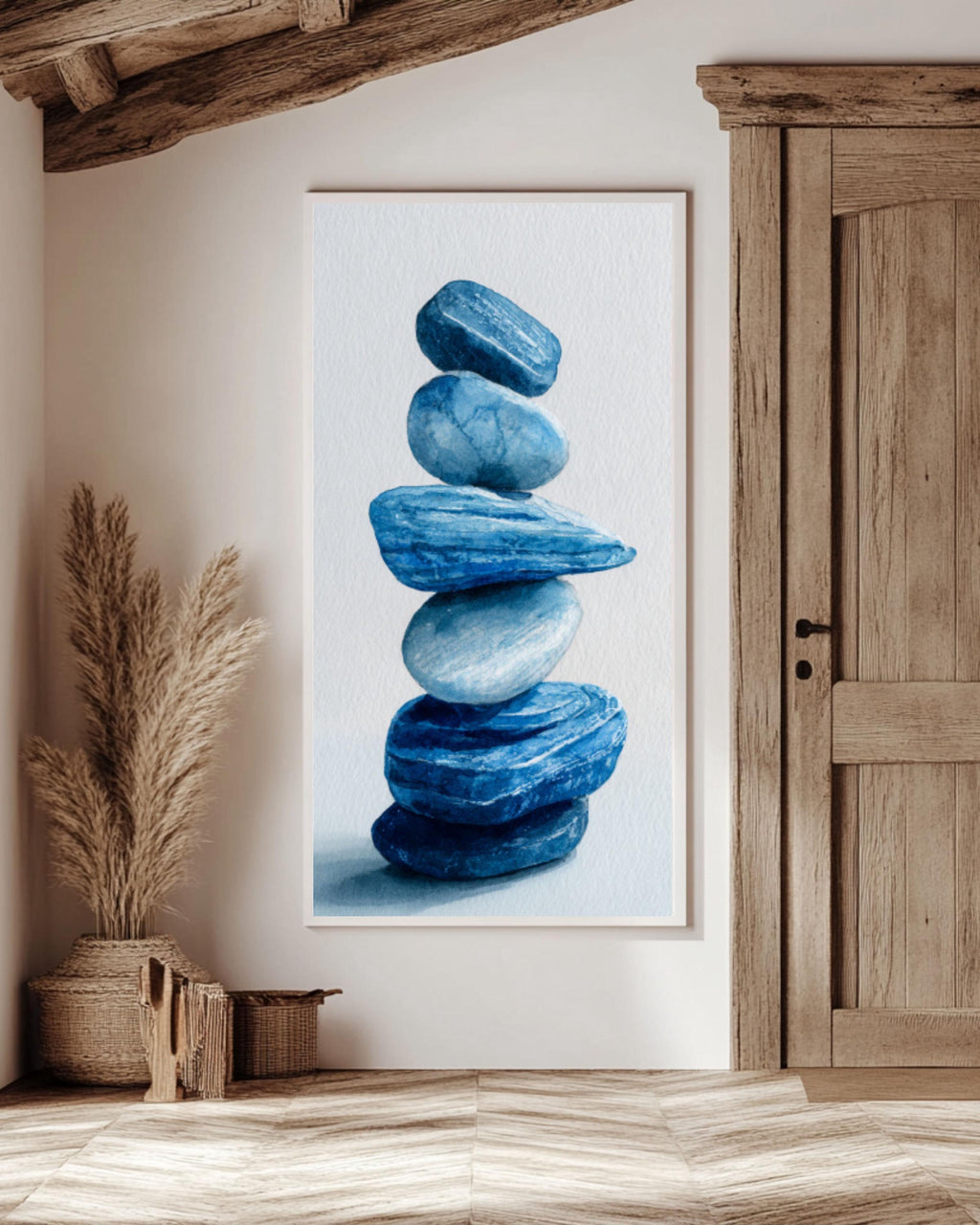 Stacked Stones Watercolor Art: Calming Zen Print for Meditation Canvas Wall Art – Modern Decor Print