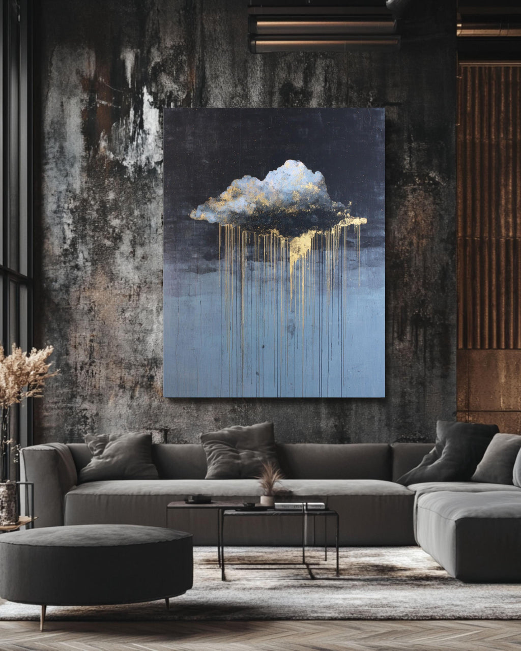 Abstract Cloud Drip Art Print: White & Gold on Dark Sky Canvas Wall Art – Modern Decor Print