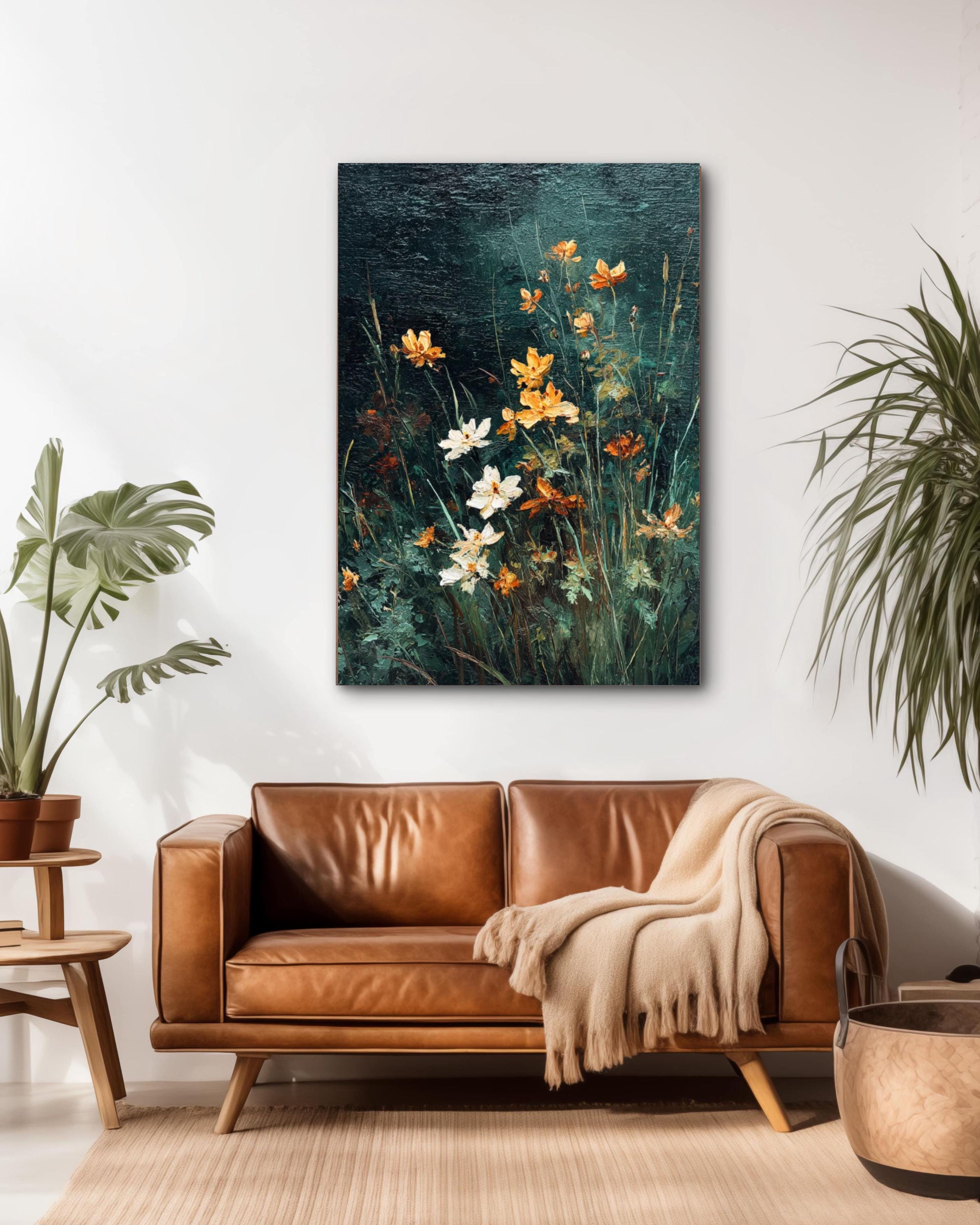 Vintage Wildflower Oil Painting Print: Moody Dark Green Floral Art Canvas Wall Art – Modern Decor Print