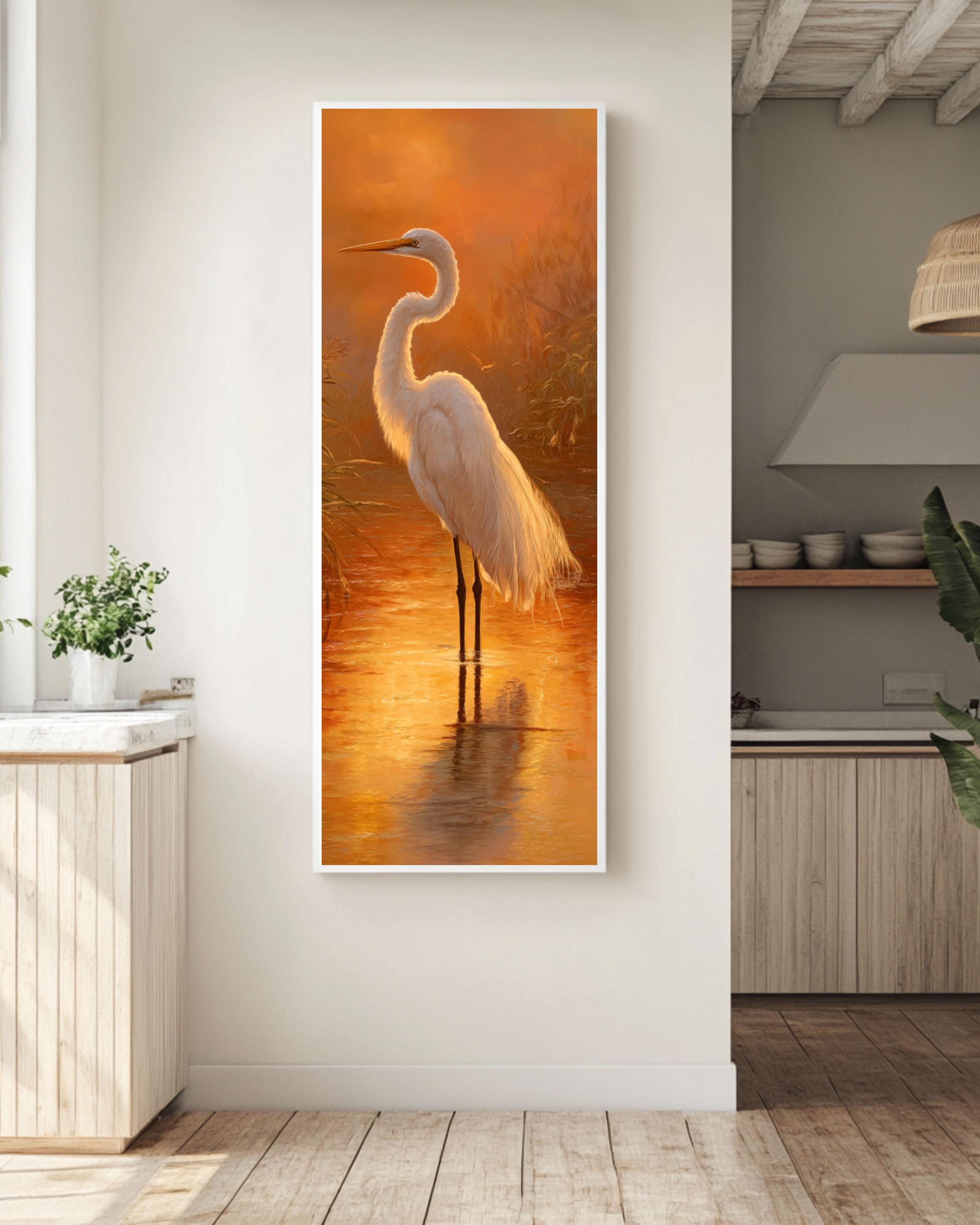 Egret at Golden Hour Print: Kinkade Style Nature Art Canvas Wall Art – Modern Decor Print