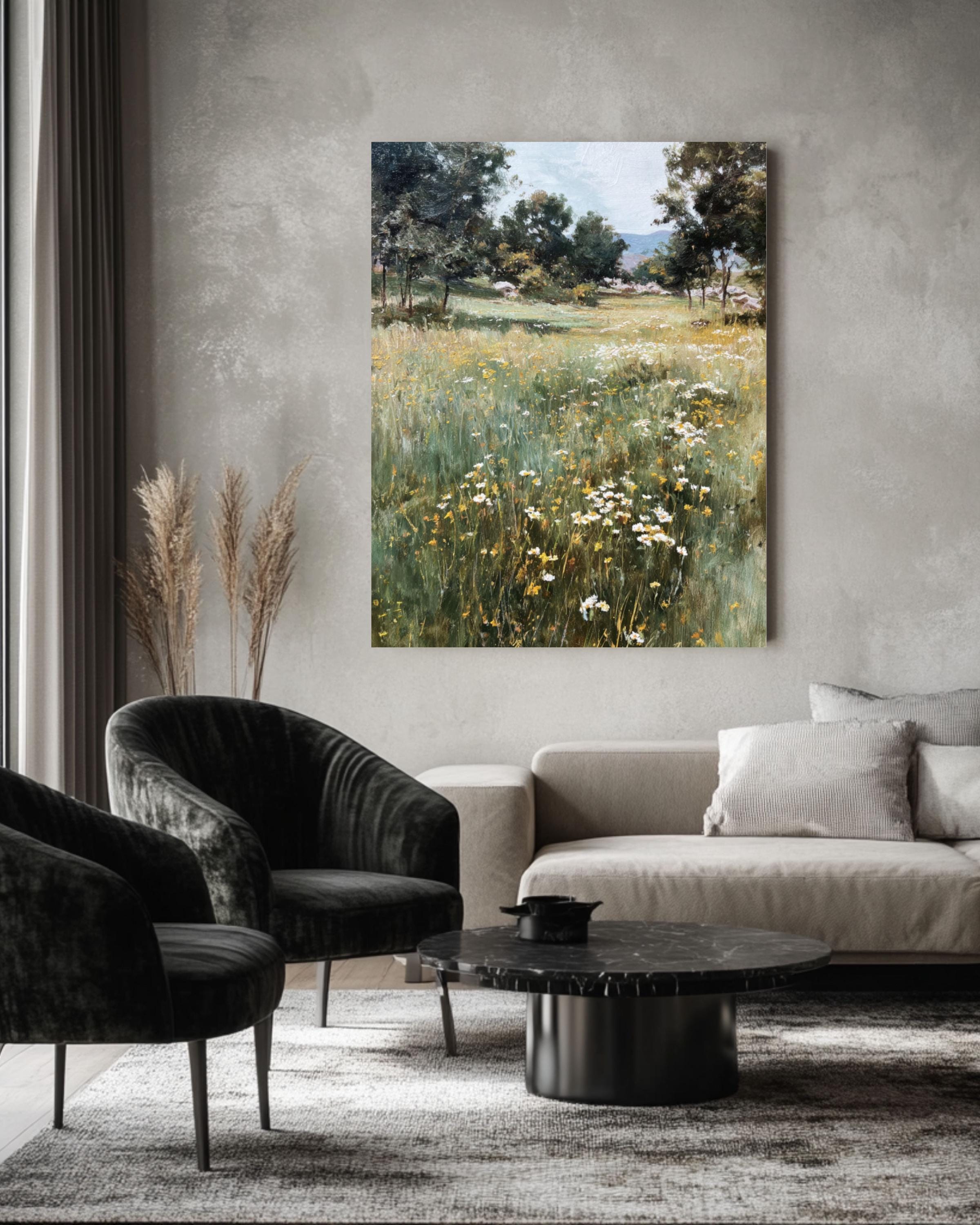 Sargent-Inspired Meadow Oil Painting: Impressionistic Wildflower Landscape Art Canvas Wall Art – Modern Decor Print