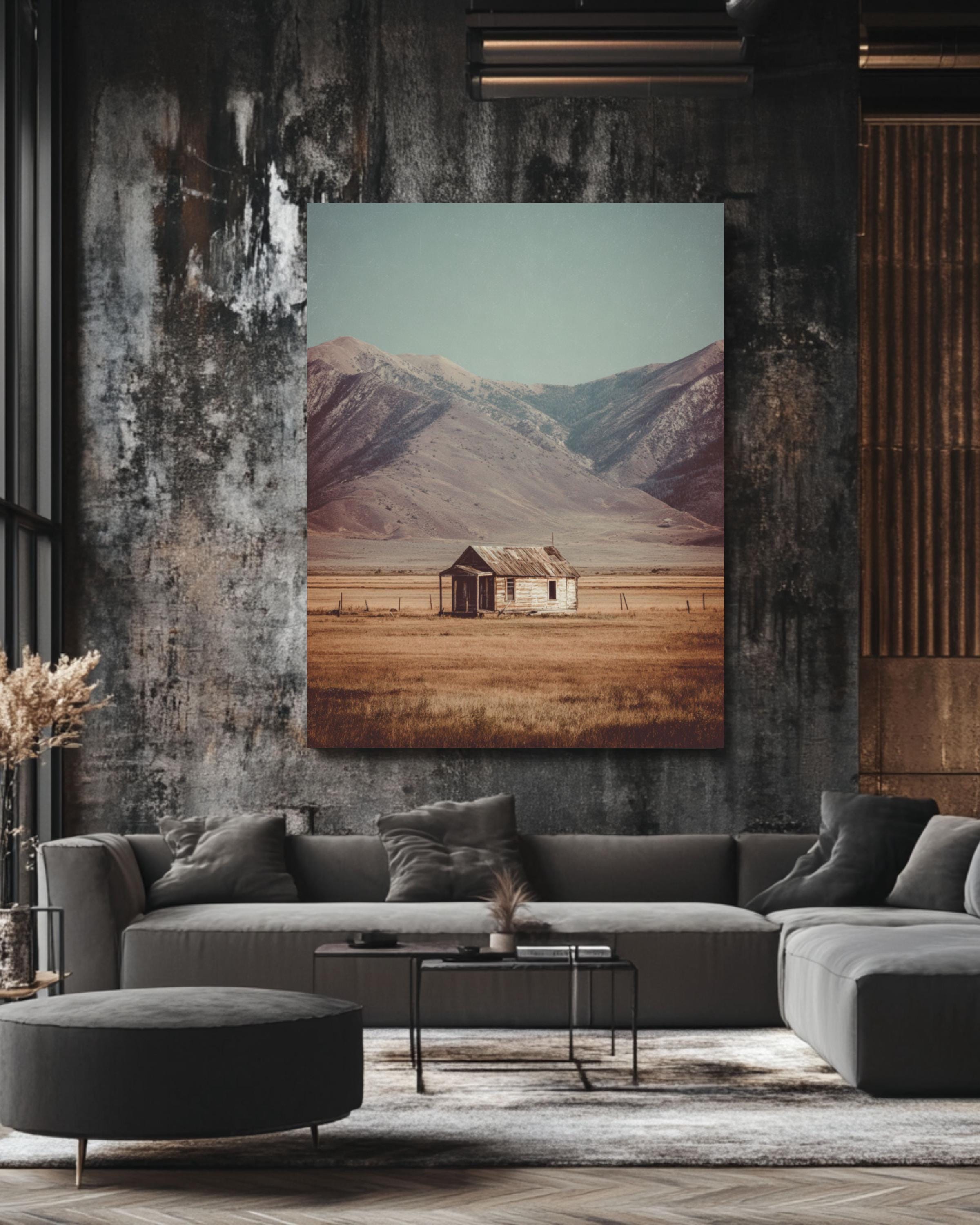 Rustic Cabin Field Art: Minimalist Mountain Landscape Print Canvas Wall Art – Modern Decor Print