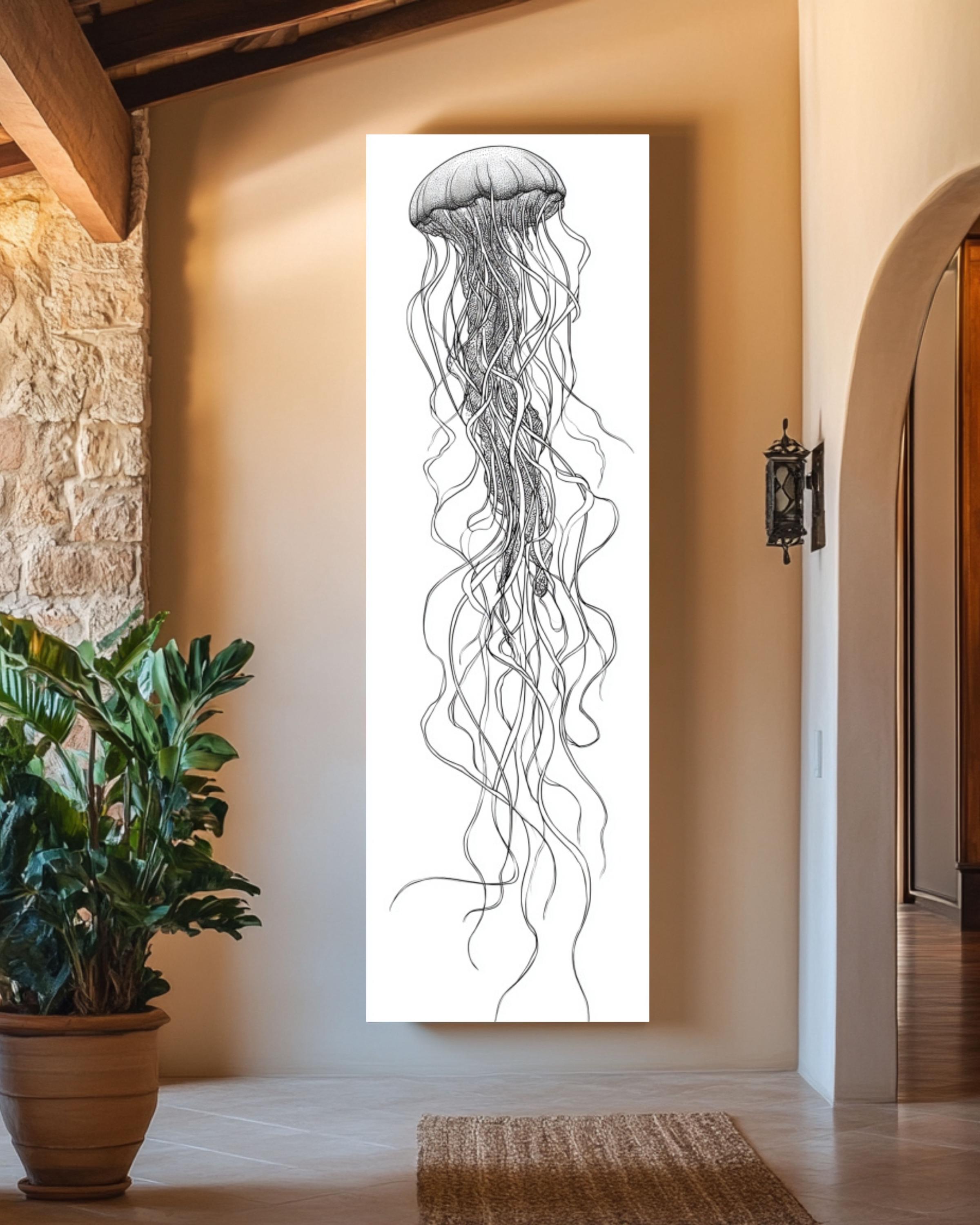 Minimalist Jellyfish Line Art Print: Modern Nautical Wall Decor Canvas Wall Art – Modern Decor Print