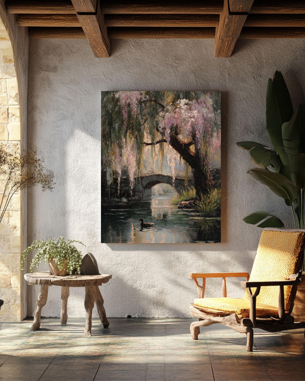 Monet Style Willow Tree Pond Art: Vintage Floral Oil Painting Canvas Wall Art – Modern Decor Print
