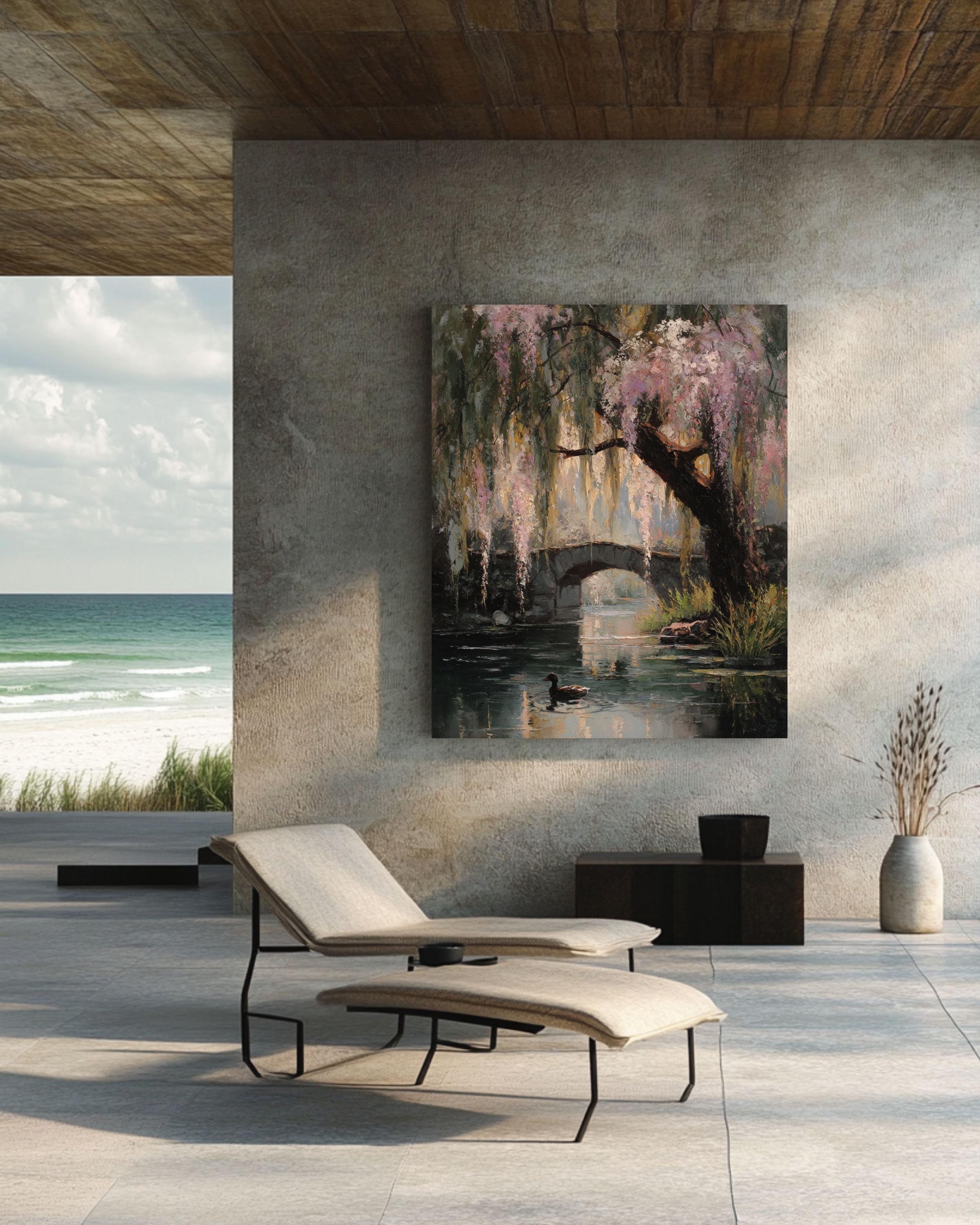 Monet Style Willow Tree Pond Art: Vintage Floral Oil Painting Canvas Wall Art – Modern Decor Print