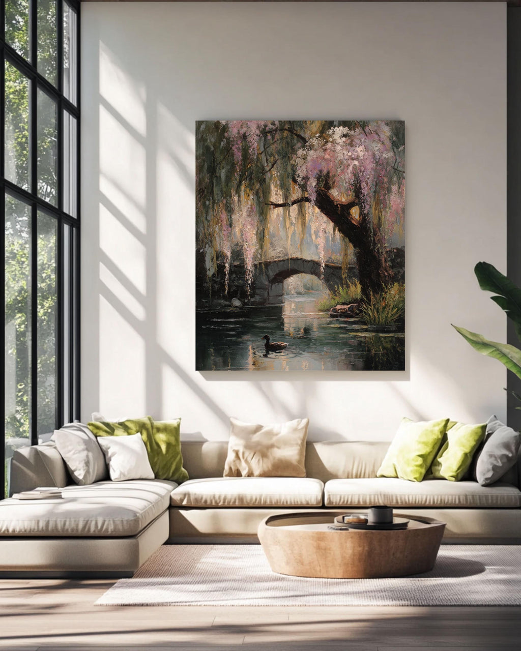 Monet Style Willow Tree Pond Art: Vintage Floral Oil Painting Canvas Wall Art – Modern Decor Print