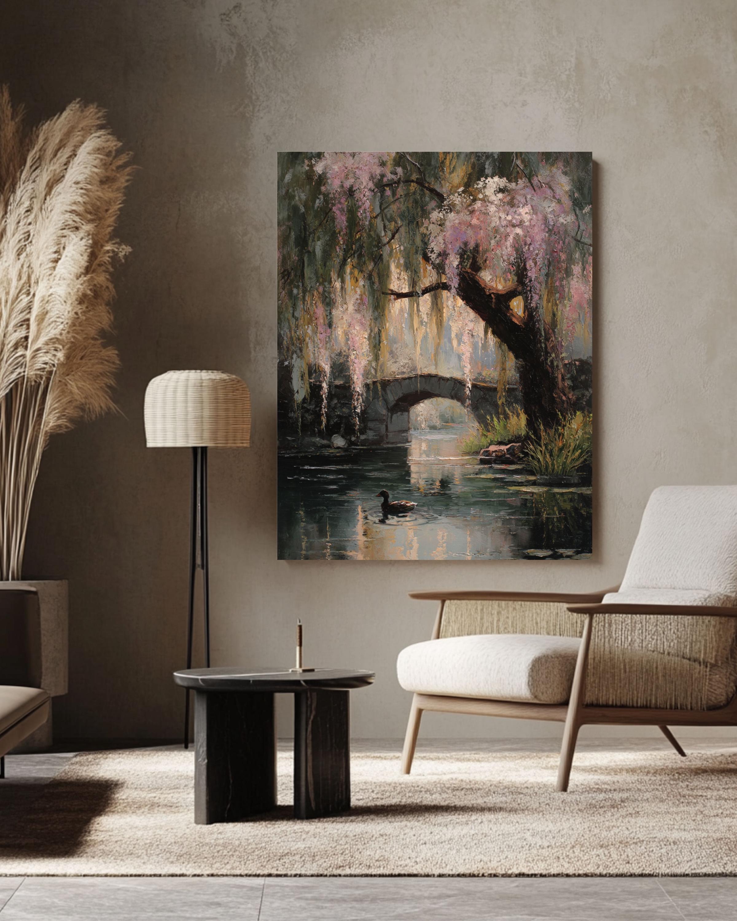 Monet Style Willow Tree Pond Art: Vintage Floral Oil Painting Canvas Wall Art – Modern Decor Print