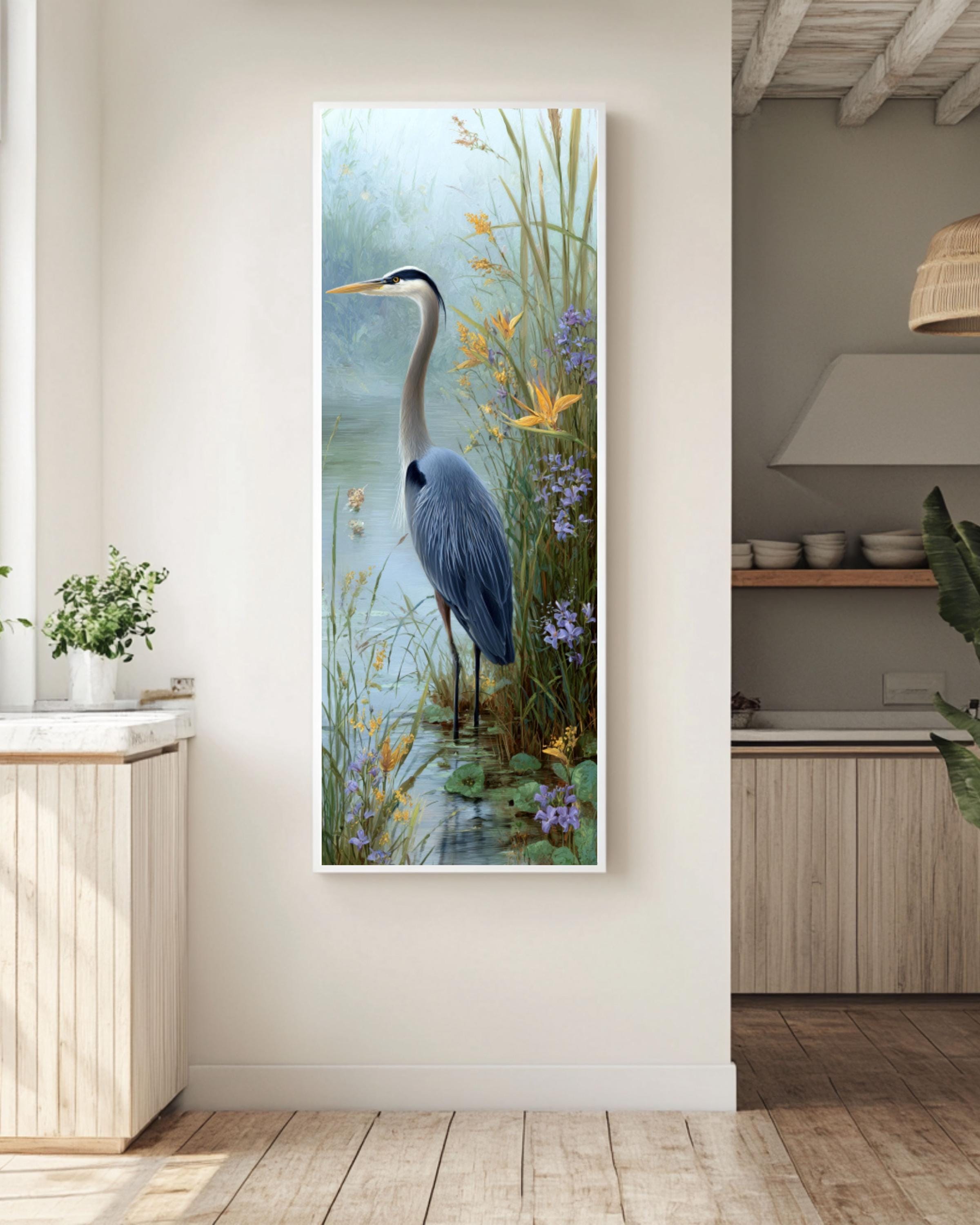 Blue Heron Art Print: Pastel Bird Portrait, Coastal Wall Decor Canvas Wall Art – Modern Decor Print