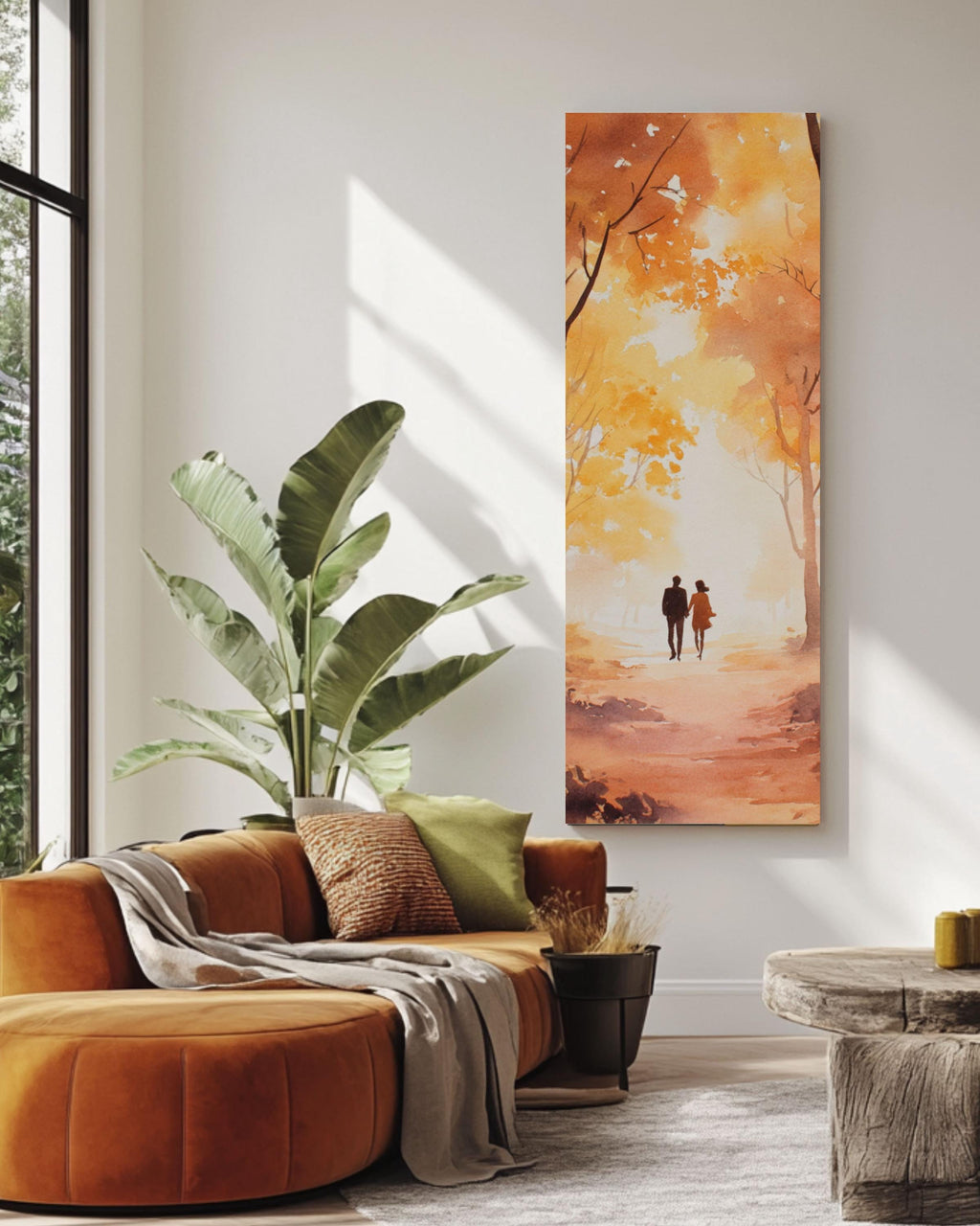 Autumn Couple Watercolor Art Print: Romantic Fall Forest Scene Canvas Wall Art – Modern Decor Print