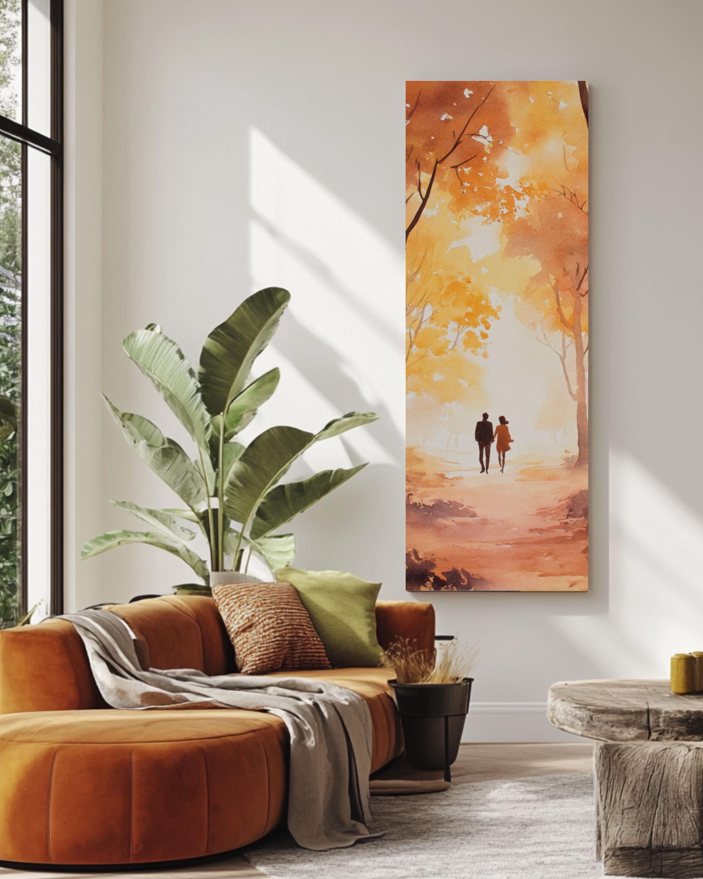 Autumn Couple Watercolor Art Print: Romantic Fall Forest Scene Canvas Wall Art – Modern Decor Print