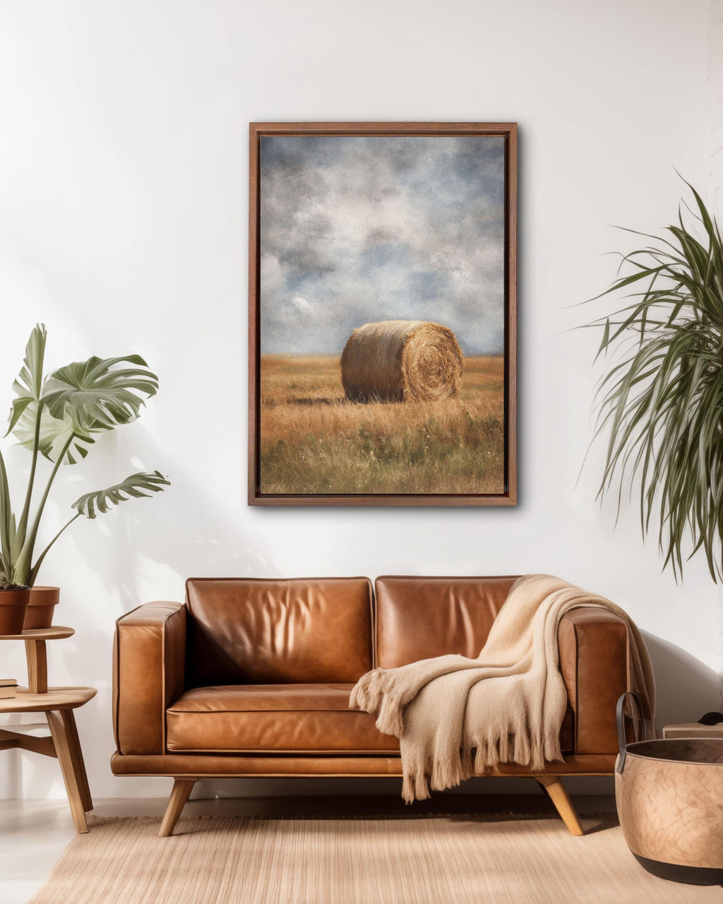 Vintage Hay Bale Field Art: Rustic Country Landscape Print Canvas Wall Art – Modern Decor Print