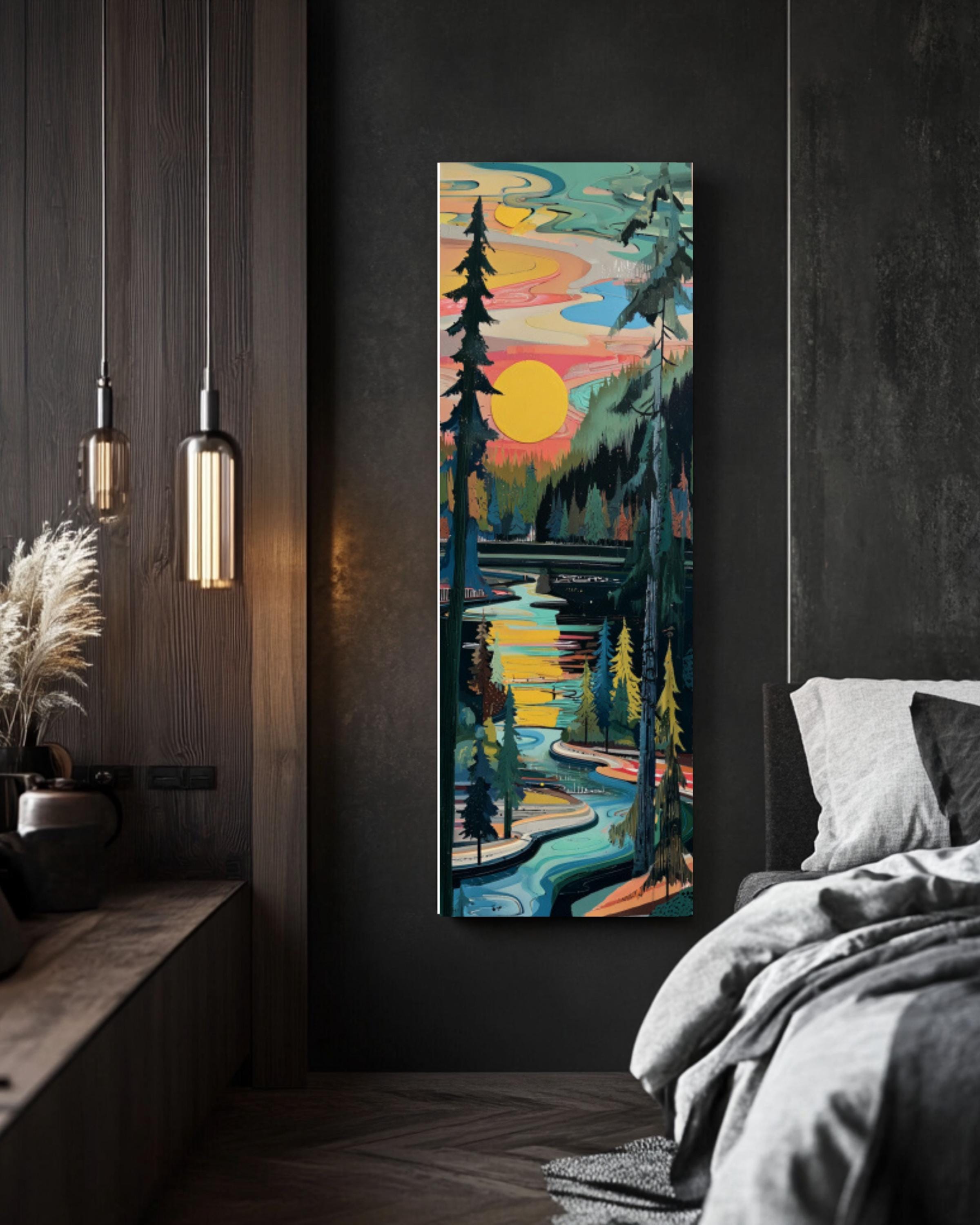 Abstract River Forest Print: Geometric Pine Sunset - Modern Nature Art Canvas Wall Art – Modern Decor Print