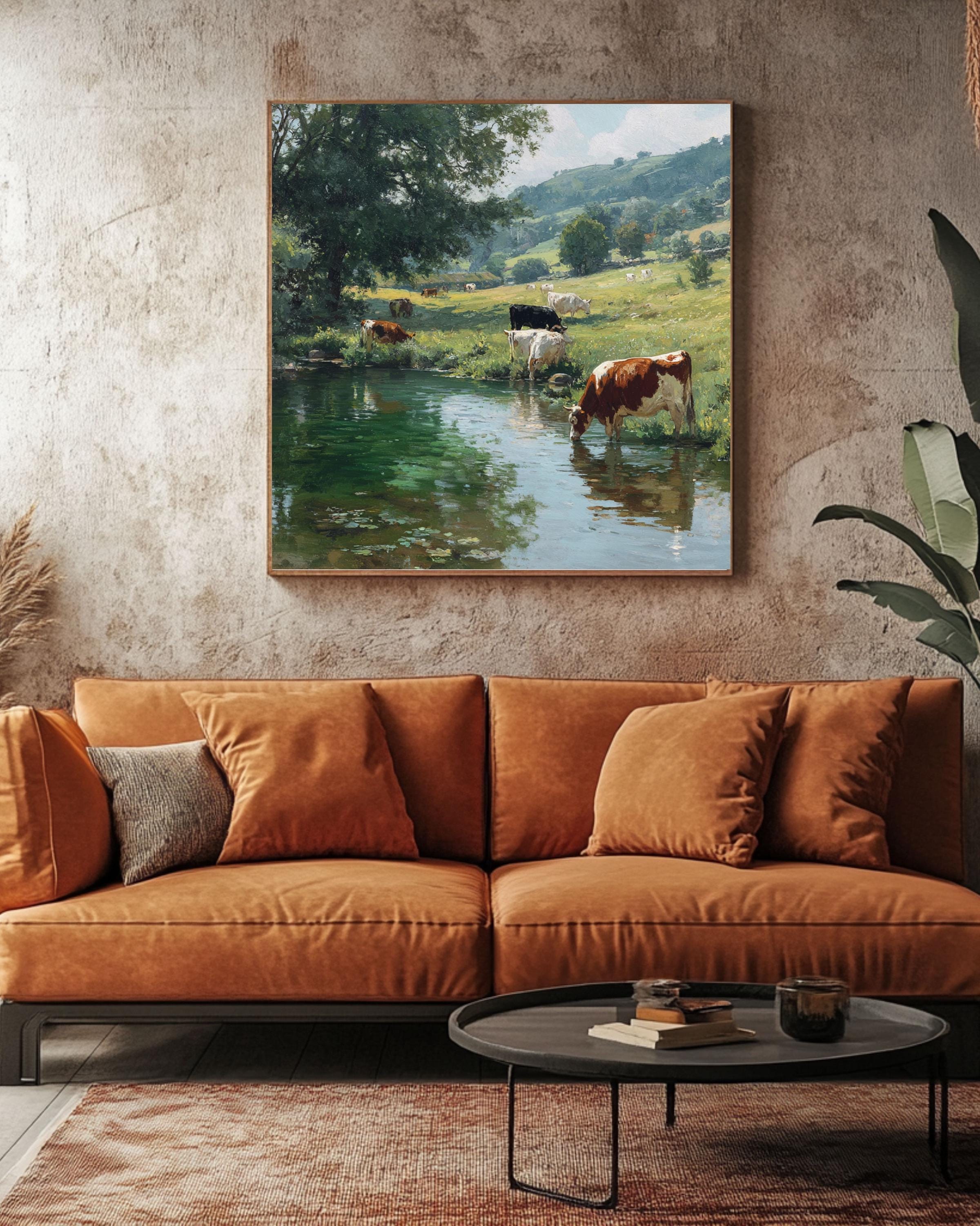 English Countryside Cow Print: Pastoral Landscape Art, Jim Irwin David Gendall Style Canvas Wall Art – Modern Decor Print