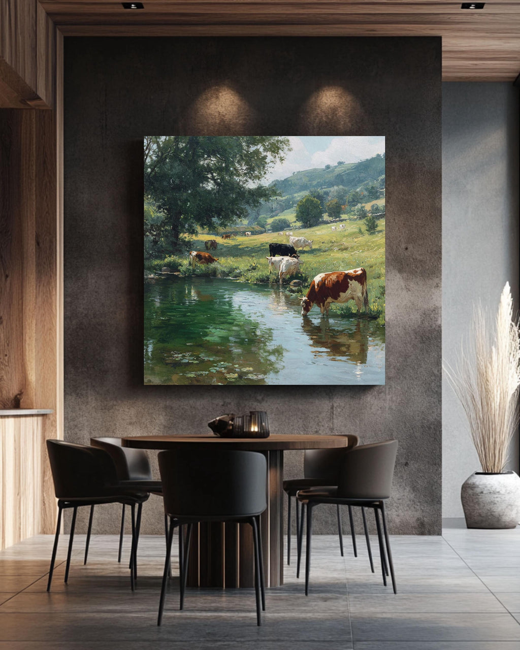 English Countryside Cow Print: Pastoral Landscape Art, Jim Irwin David Gendall Style Canvas Wall Art – Modern Decor Print