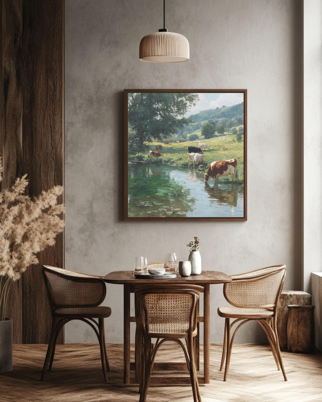 English Countryside Cow Print: Pastoral Landscape Art, Jim Irwin David Gendall Style Canvas Wall Art – Modern Decor Print