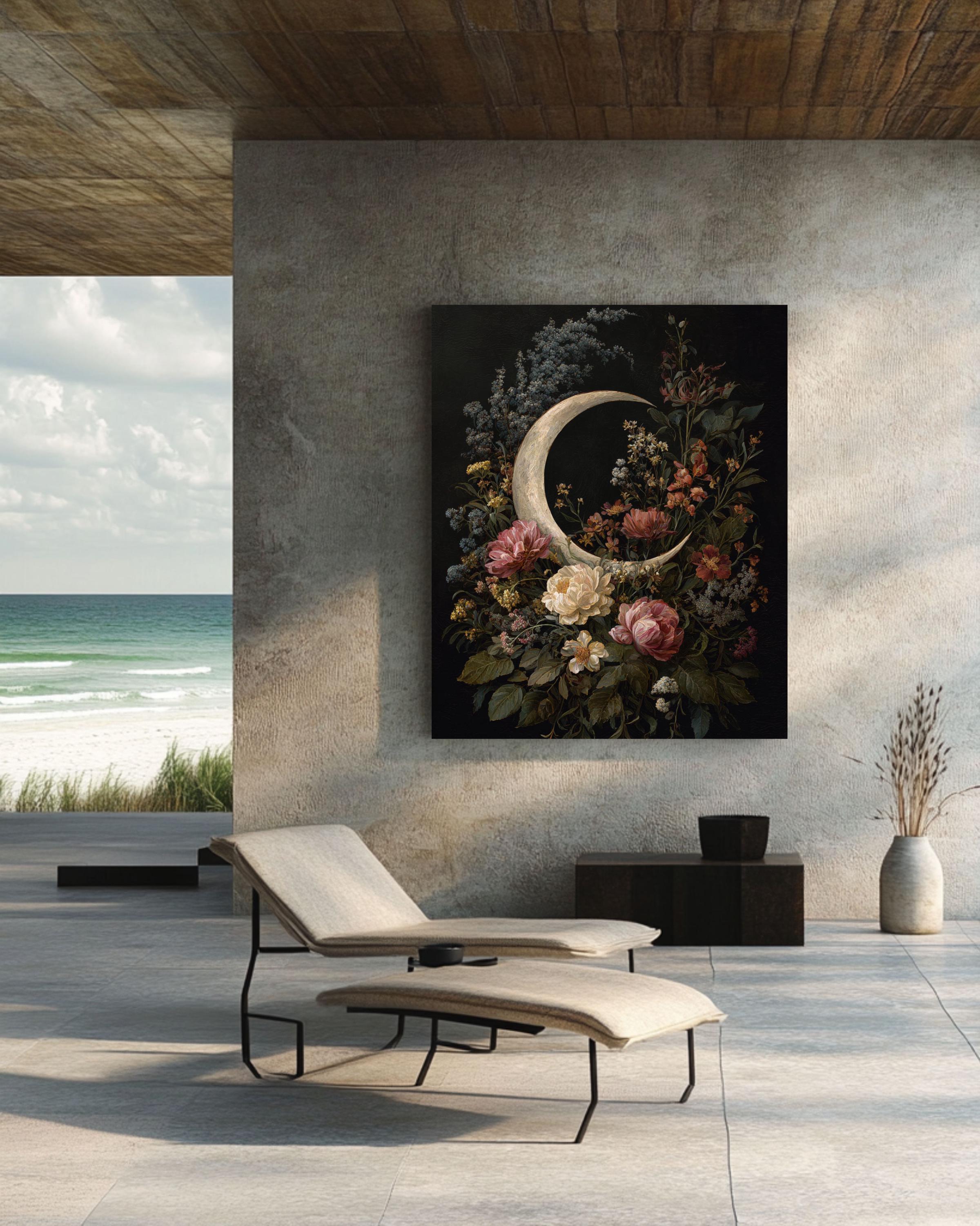 Crescent Moon Floral Wall Art | Vintage Cottagecore Botanical Print