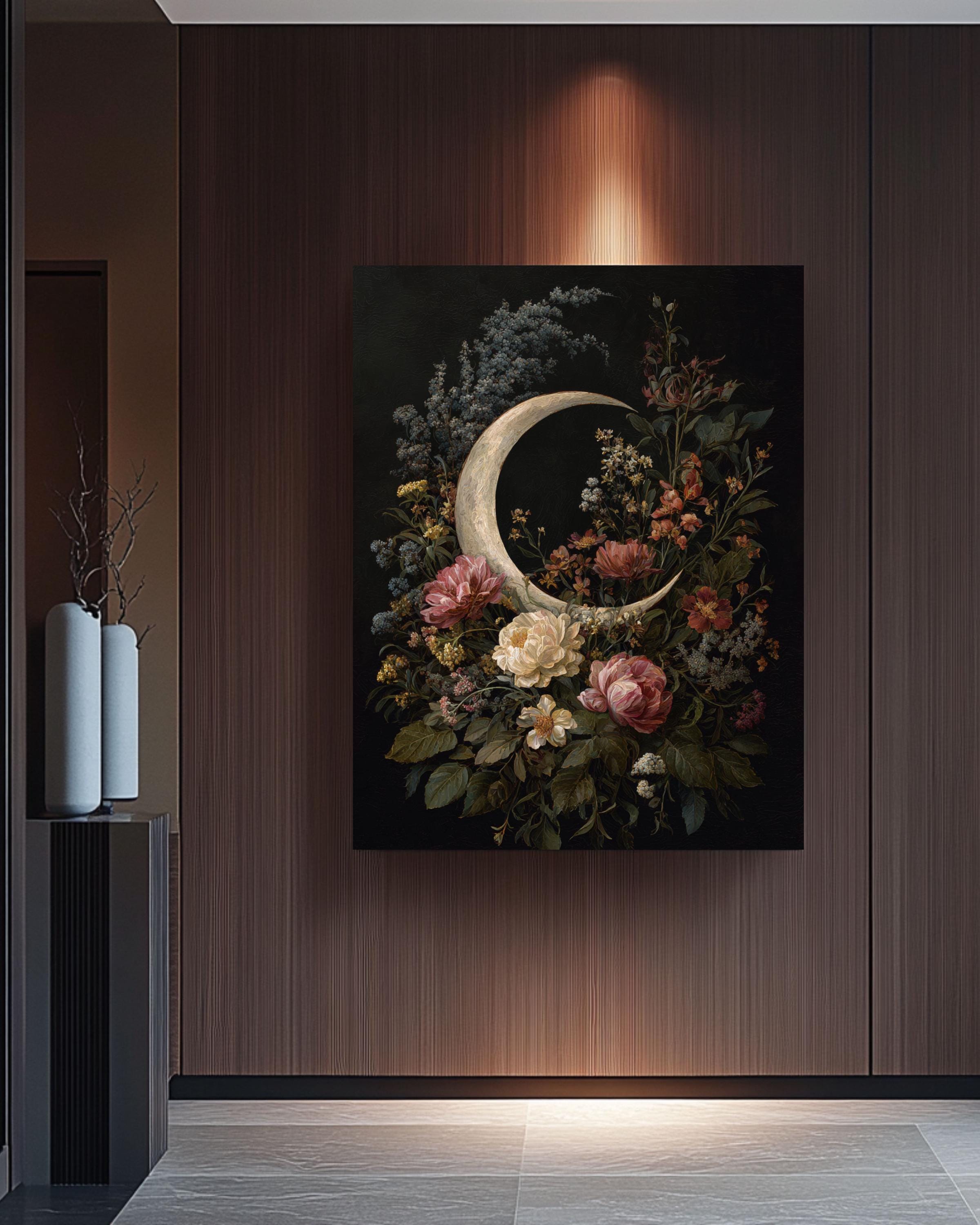 Crescent Moon Floral Wall Art | Vintage Cottagecore Botanical Print