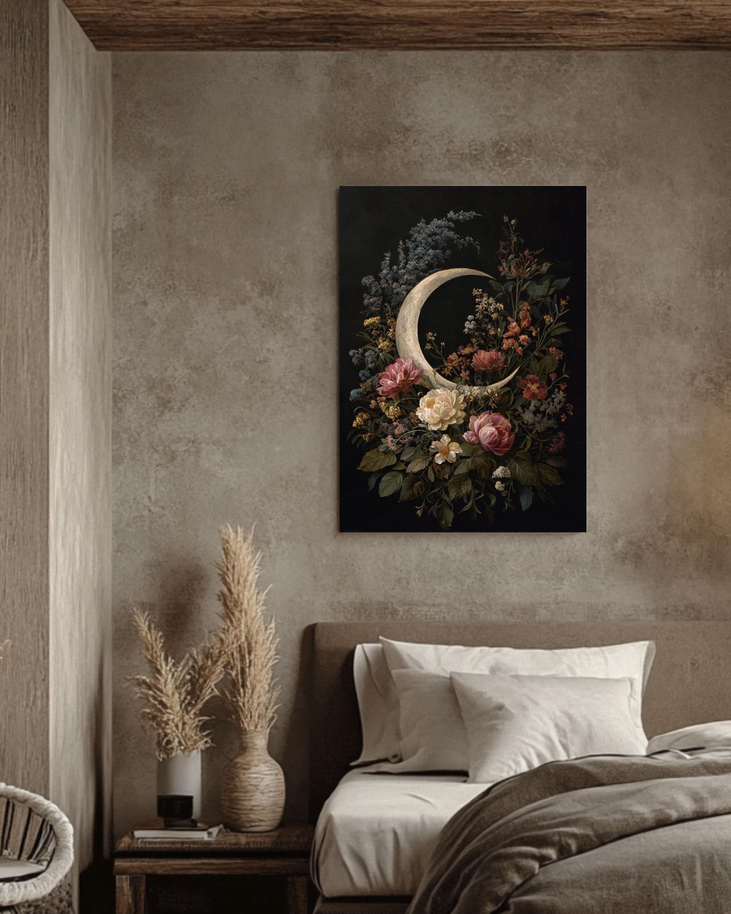 Crescent Moon Floral Wall Art | Vintage Cottagecore Botanical Print
