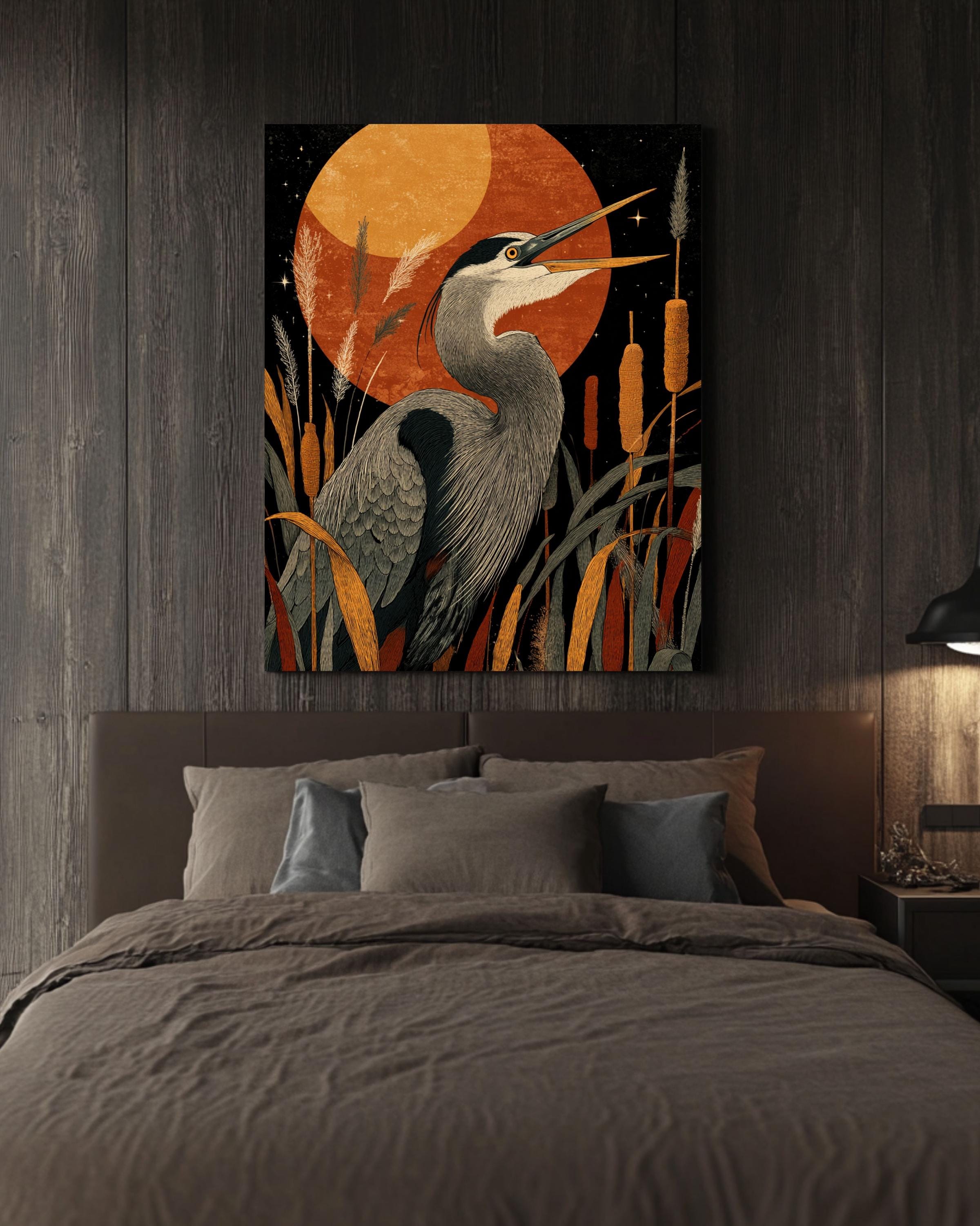 Cottagecore Heron Art Print â€“ Stylized Bird, Cattails, Starry Sky Canvas Wall Art – Modern Decor Print