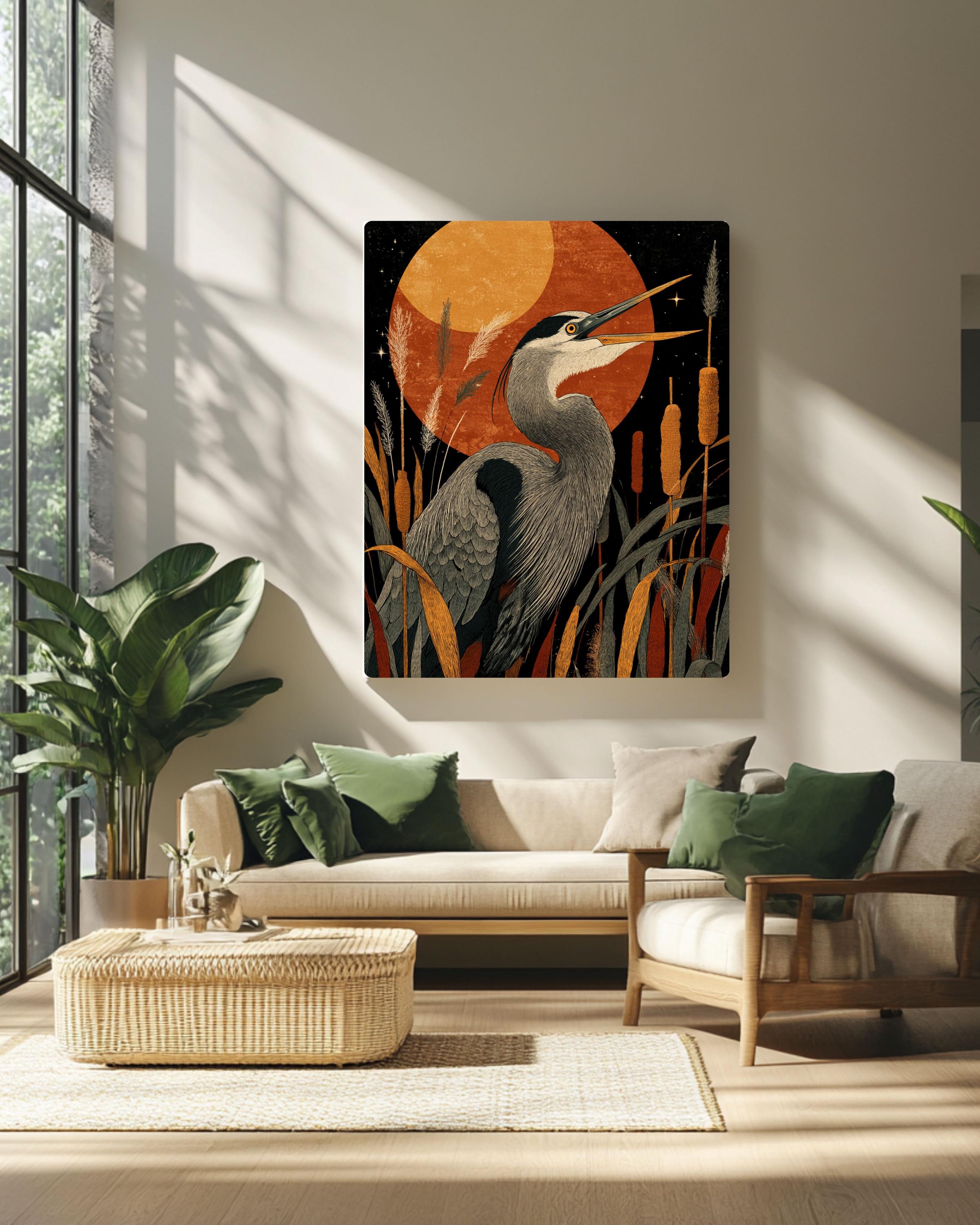 Cottagecore Heron Art Print â€“ Stylized Bird, Cattails, Starry Sky Canvas Wall Art – Modern Decor Print