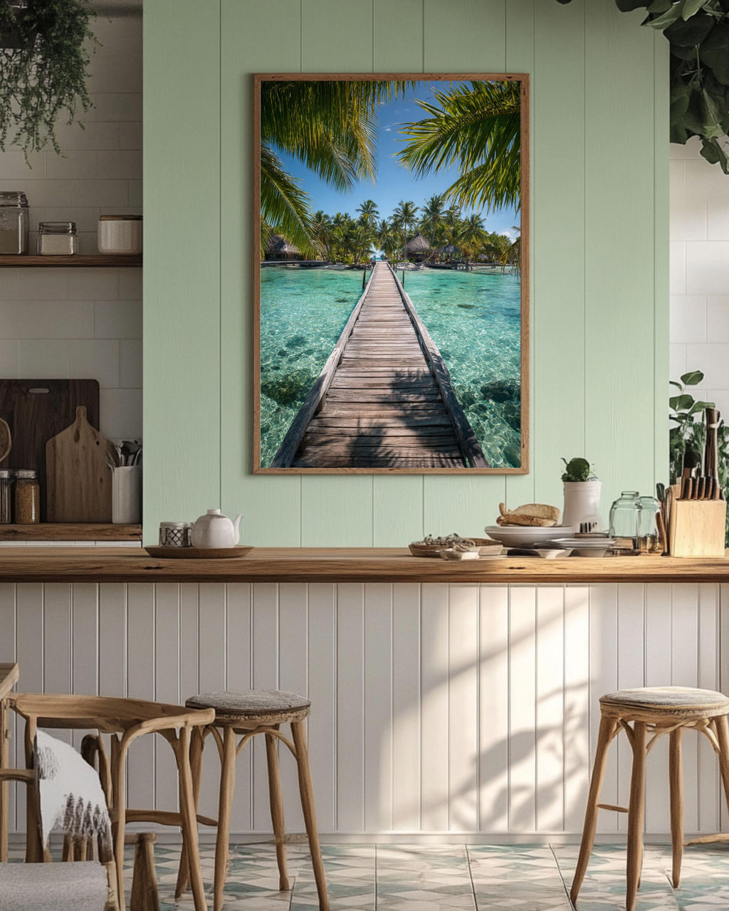 Tropical Island Bridge Photo: Coastal Palm Leaf Wall Art Canvas Wall Art – Modern Decor Print