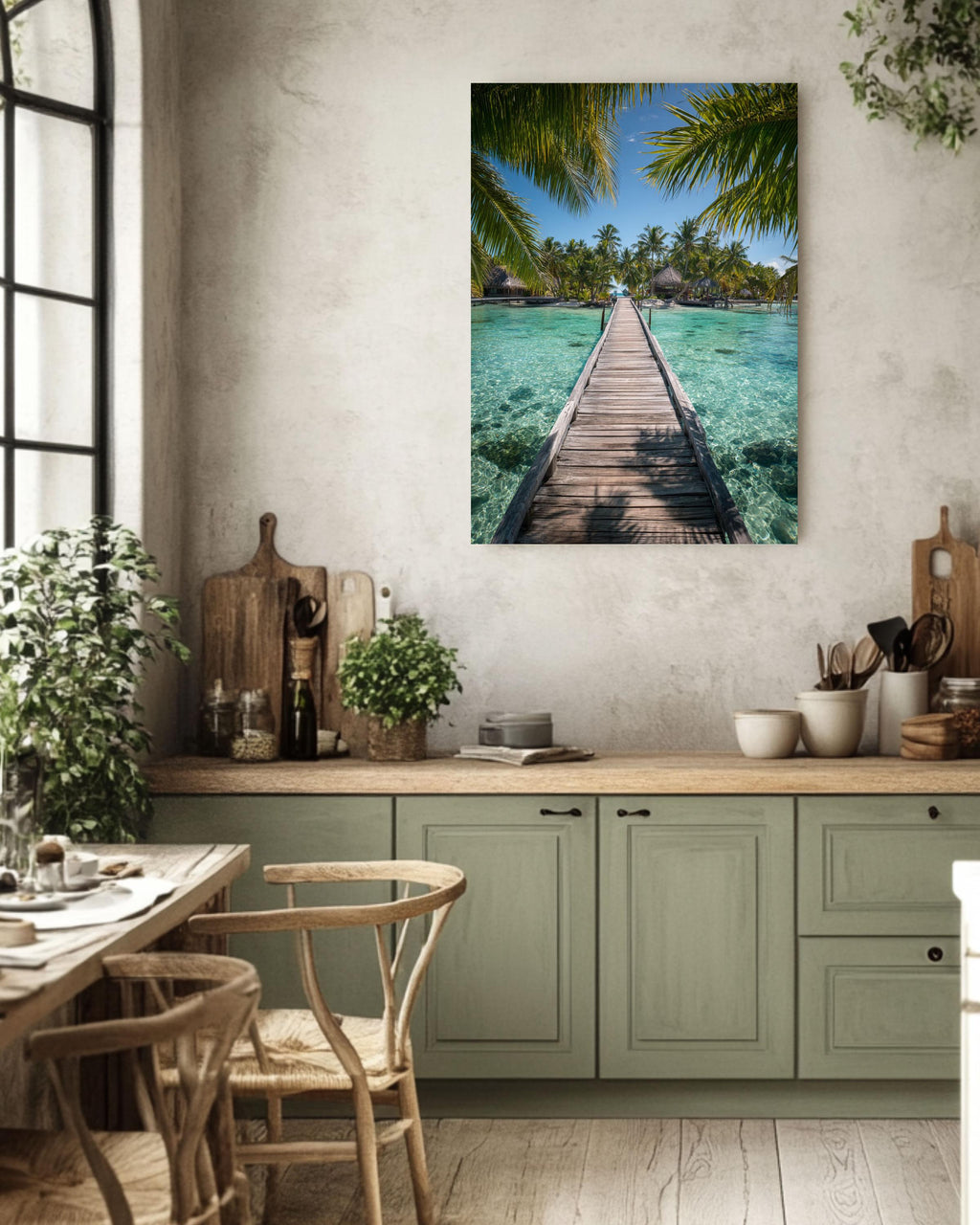 Tropical Island Bridge Photo: Coastal Palm Leaf Wall Art Canvas Wall Art – Modern Decor Print