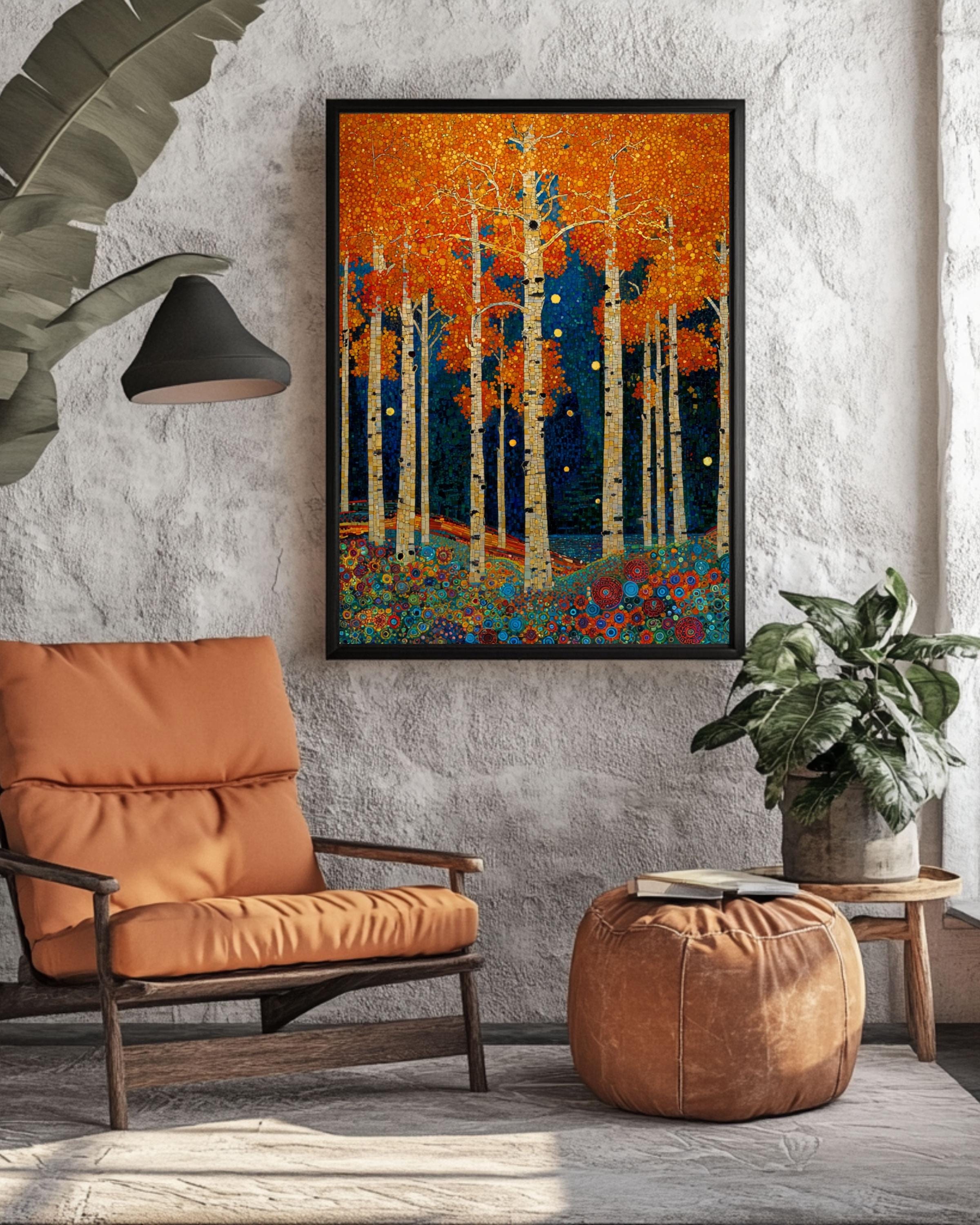 Klimt Style Aspen Forest Print: Mosaic Autumn Trees Canvas Wall Art – Modern Decor Print