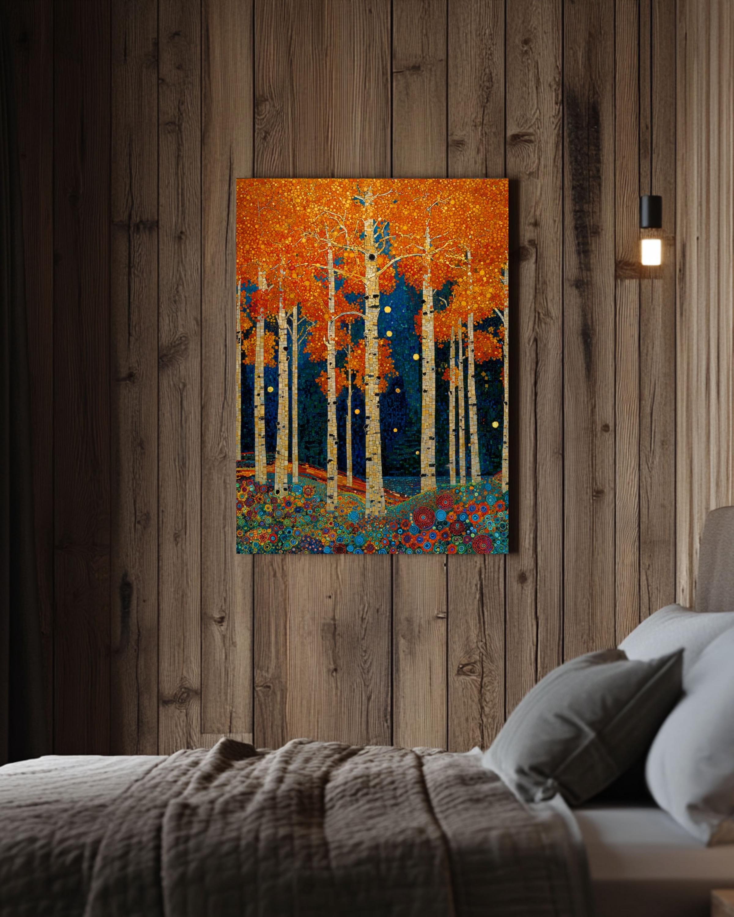 Klimt Style Aspen Forest Print: Mosaic Autumn Trees Canvas Wall Art – Modern Decor Print