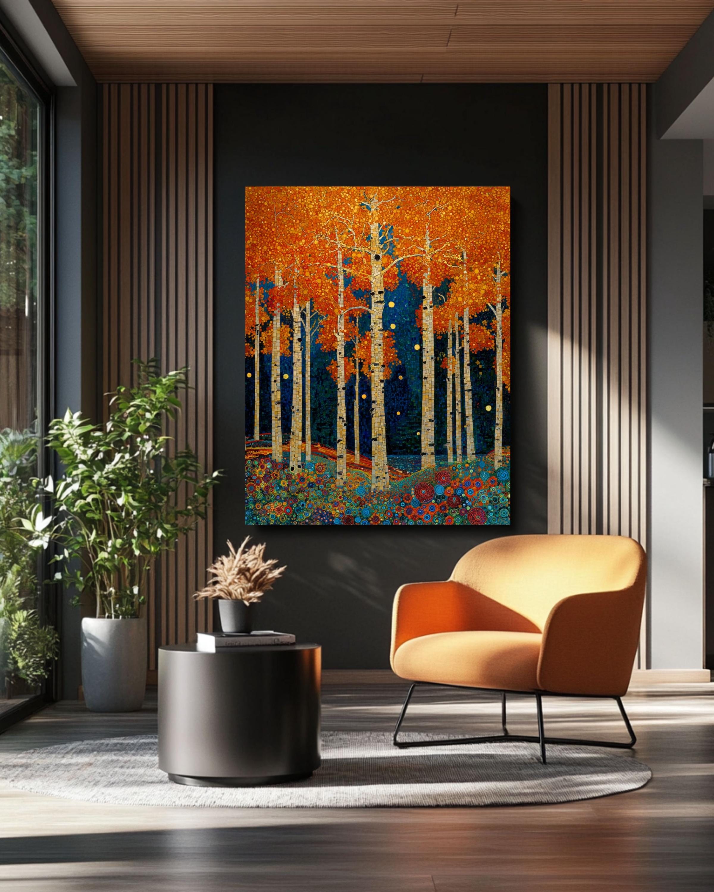 Klimt Style Aspen Forest Print: Mosaic Autumn Trees Canvas Wall Art – Modern Decor Print