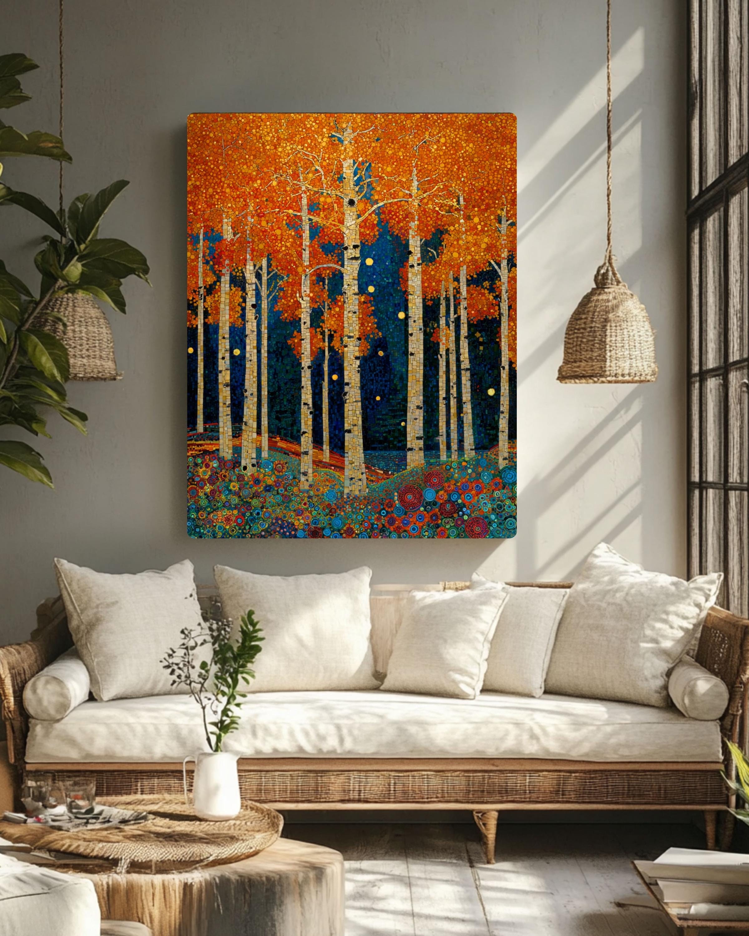 Klimt Style Aspen Forest Print: Mosaic Autumn Trees Canvas Wall Art – Modern Decor Print