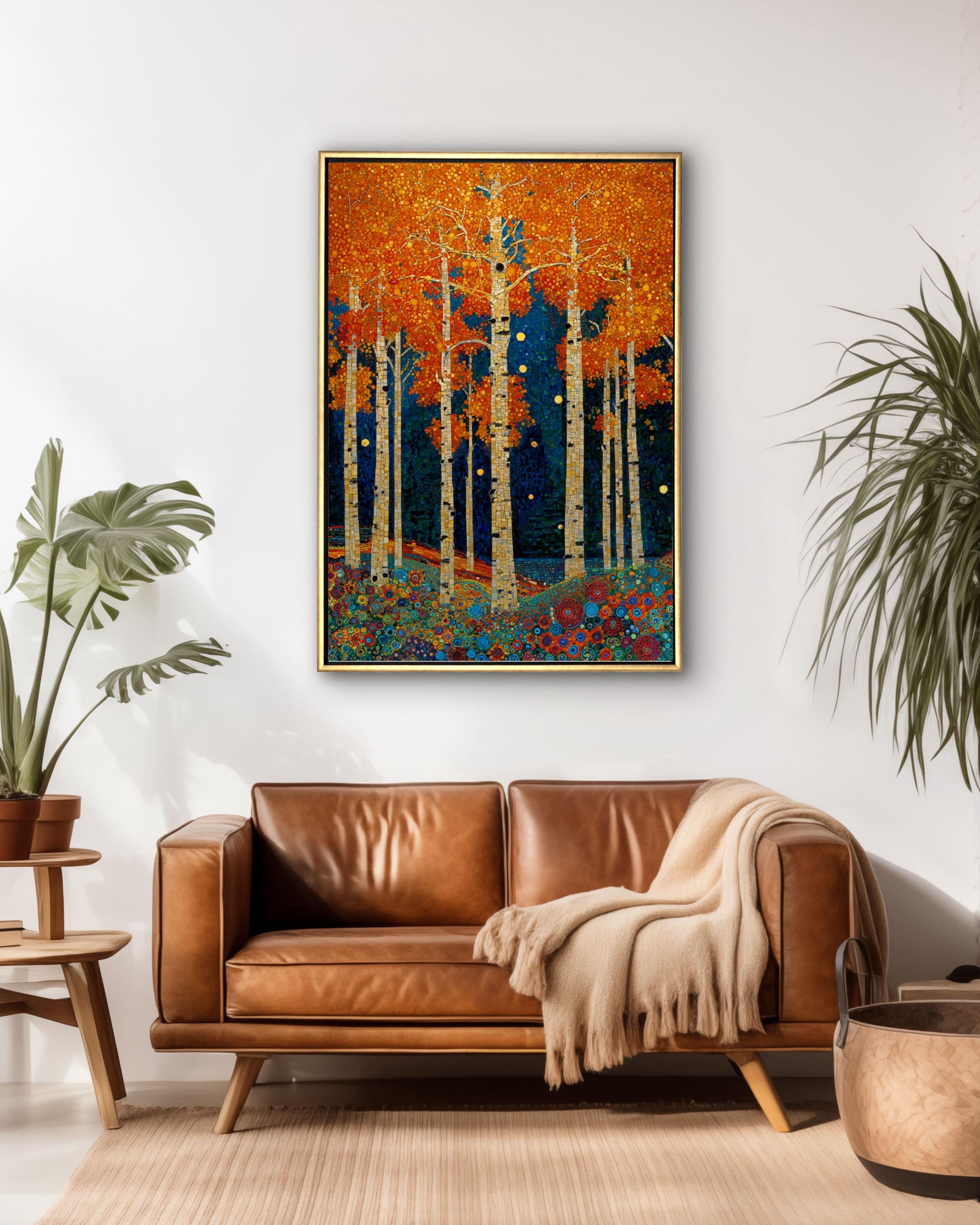 Klimt Style Aspen Forest Print: Mosaic Autumn Trees Canvas Wall Art – Modern Decor Print