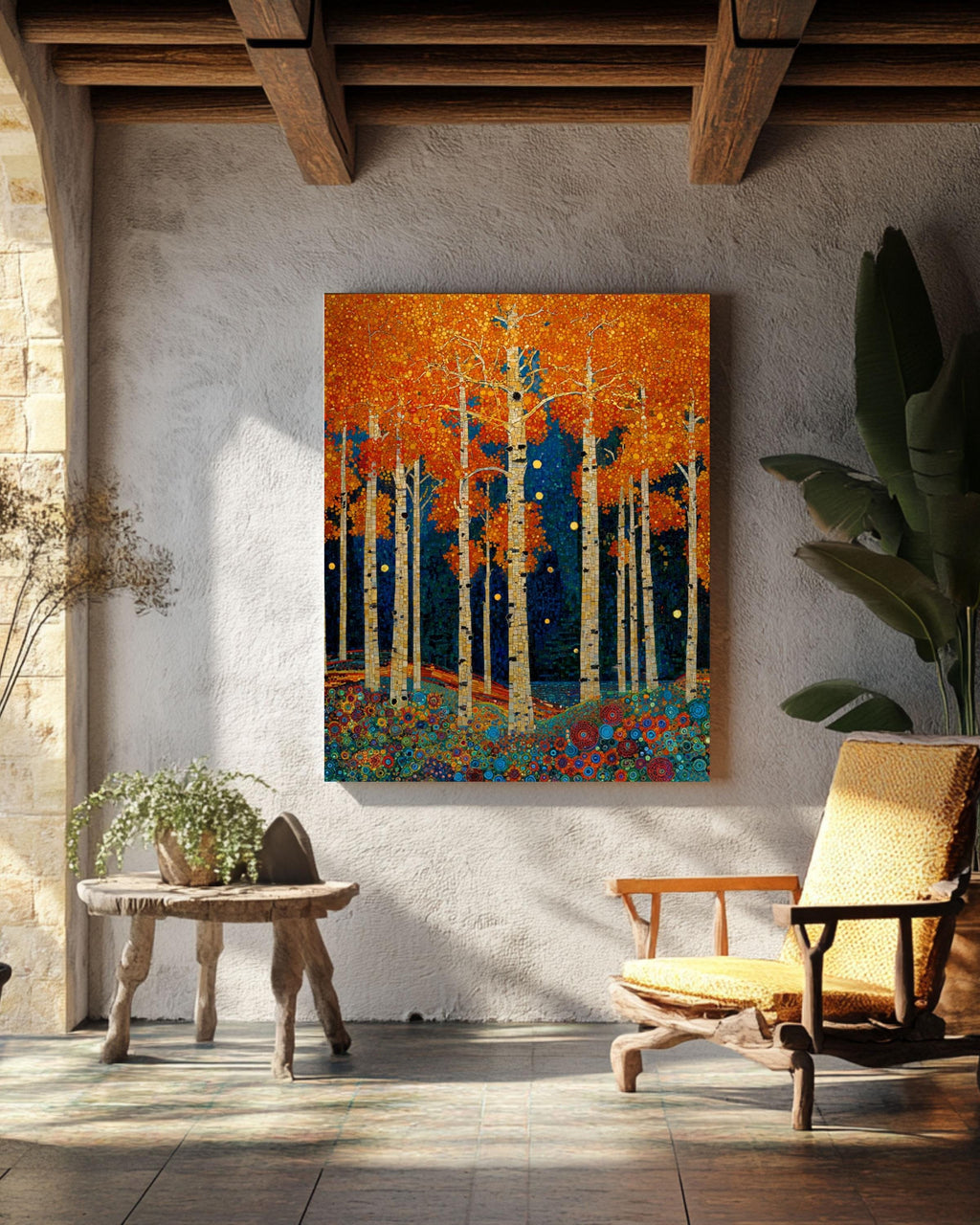 Klimt Style Aspen Forest Print: Mosaic Autumn Trees Canvas Wall Art – Modern Decor Print