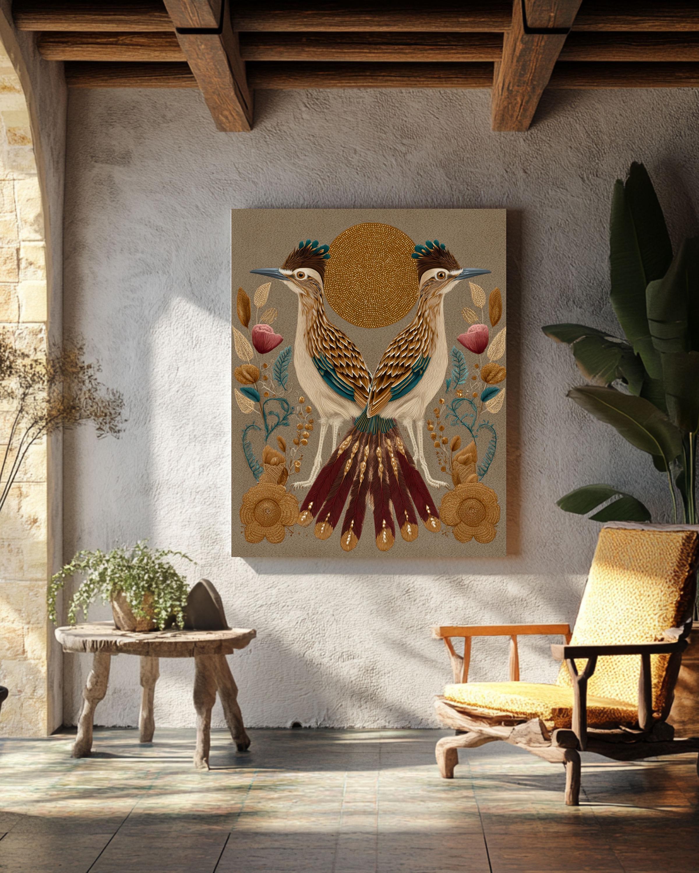 Boho Roadrunner Art Print: Klimt Matisse Style, Gold Accents Canvas Wall Art – Modern Decor Print