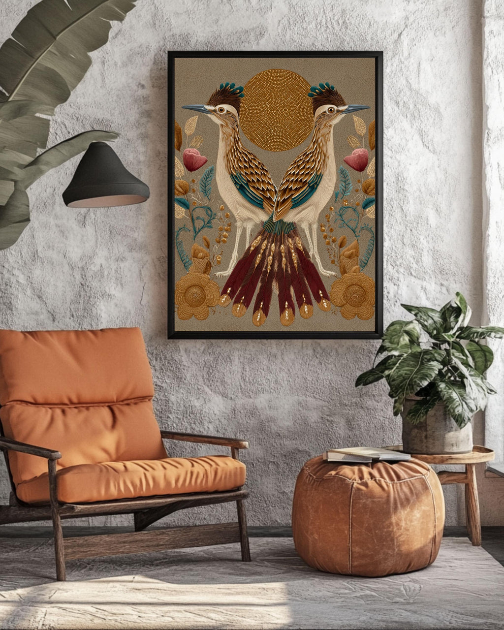 Boho Roadrunner Art Print: Klimt Matisse Style, Gold Accents Canvas Wall Art – Modern Decor Print
