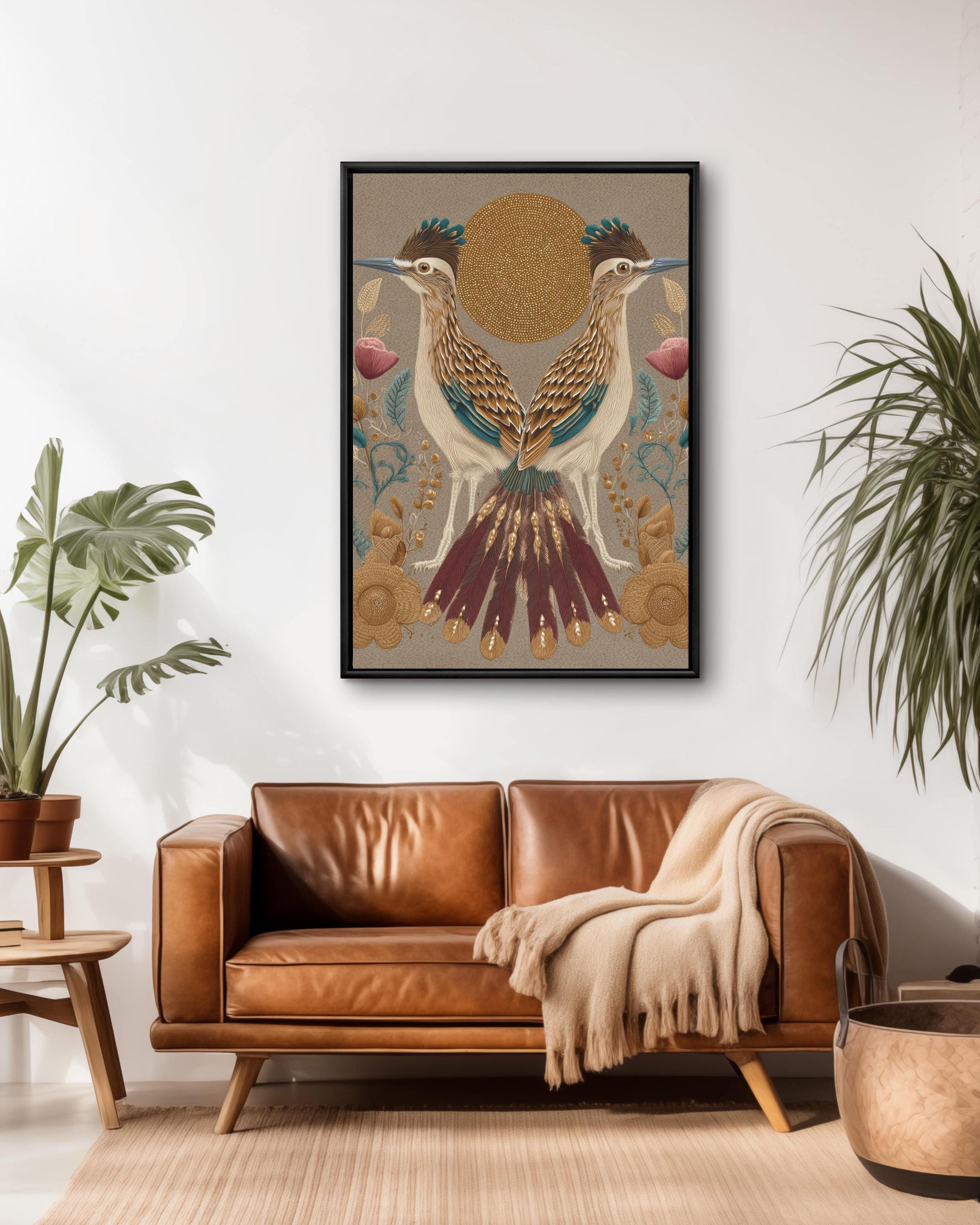 Boho Roadrunner Art Print: Klimt Matisse Style, Gold Accents Canvas Wall Art – Modern Decor Print