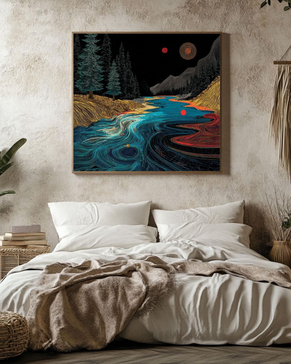 Abstract River Flow Art Print: Geometric Nature Landscape, Red Dot Accent Canvas Wall Art – Modern Decor Print