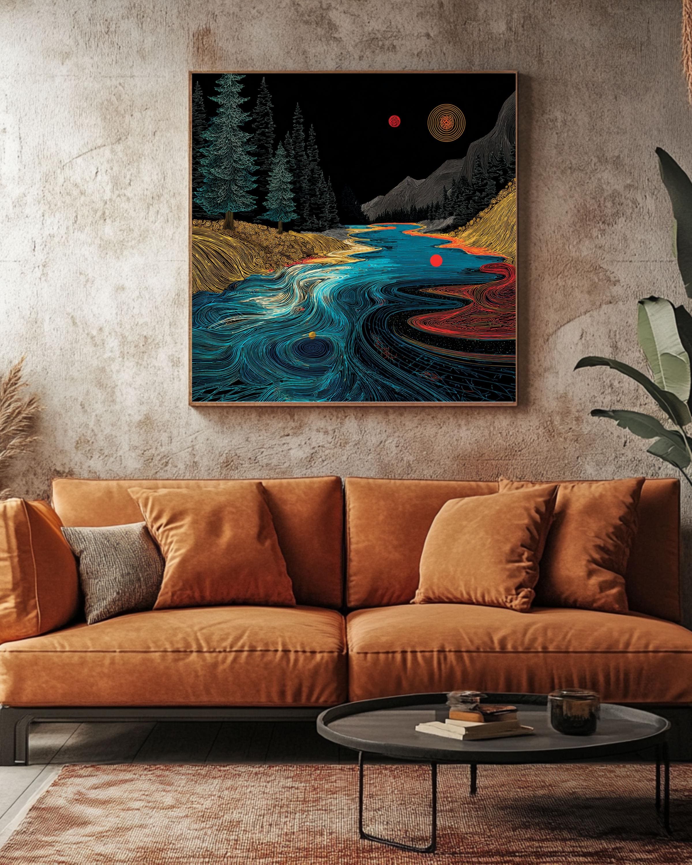 Abstract River Flow Art Print: Geometric Nature Landscape, Red Dot Accent Canvas Wall Art – Modern Decor Print