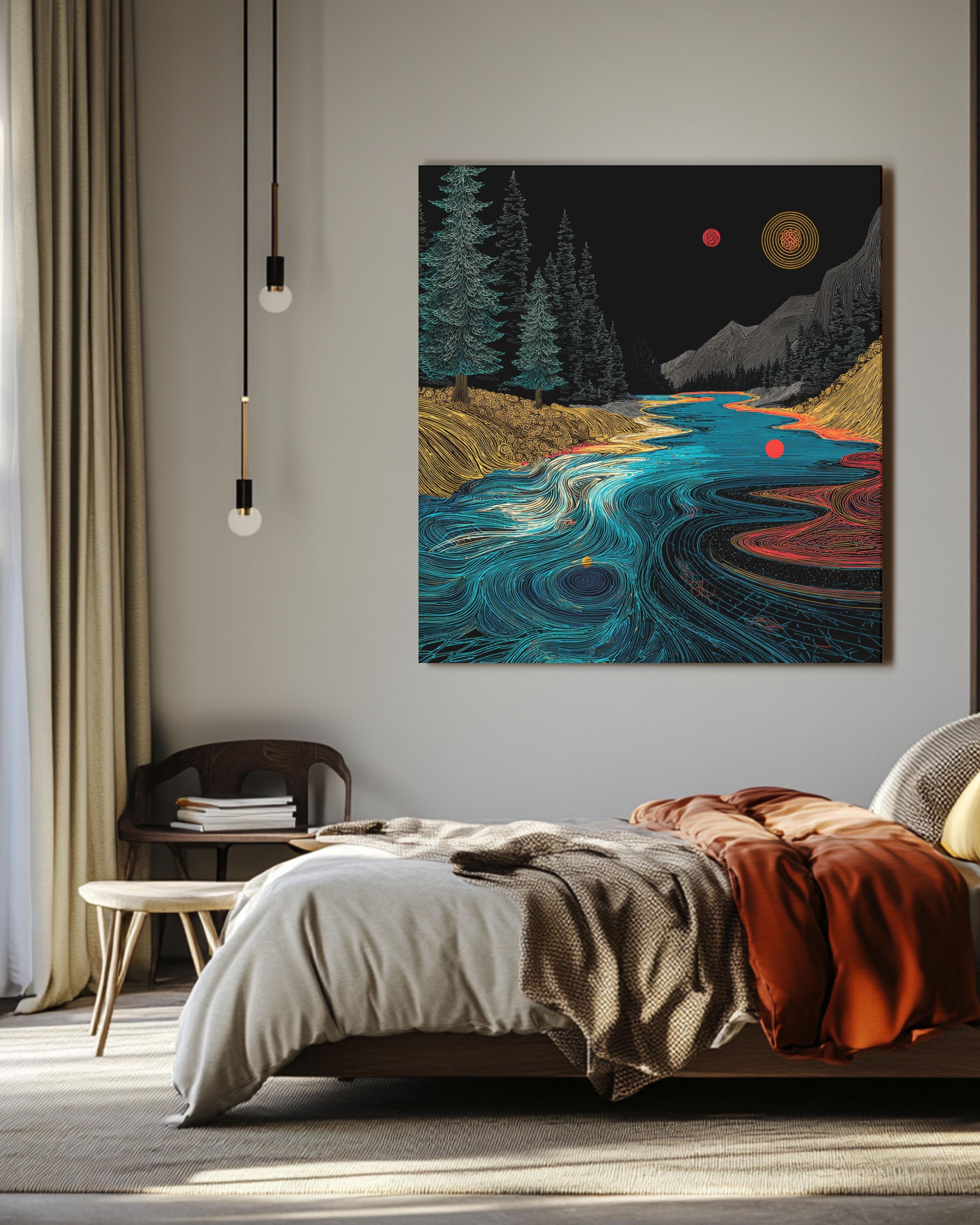 Abstract River Flow Art Print: Geometric Nature Landscape, Red Dot Accent Canvas Wall Art – Modern Decor Print
