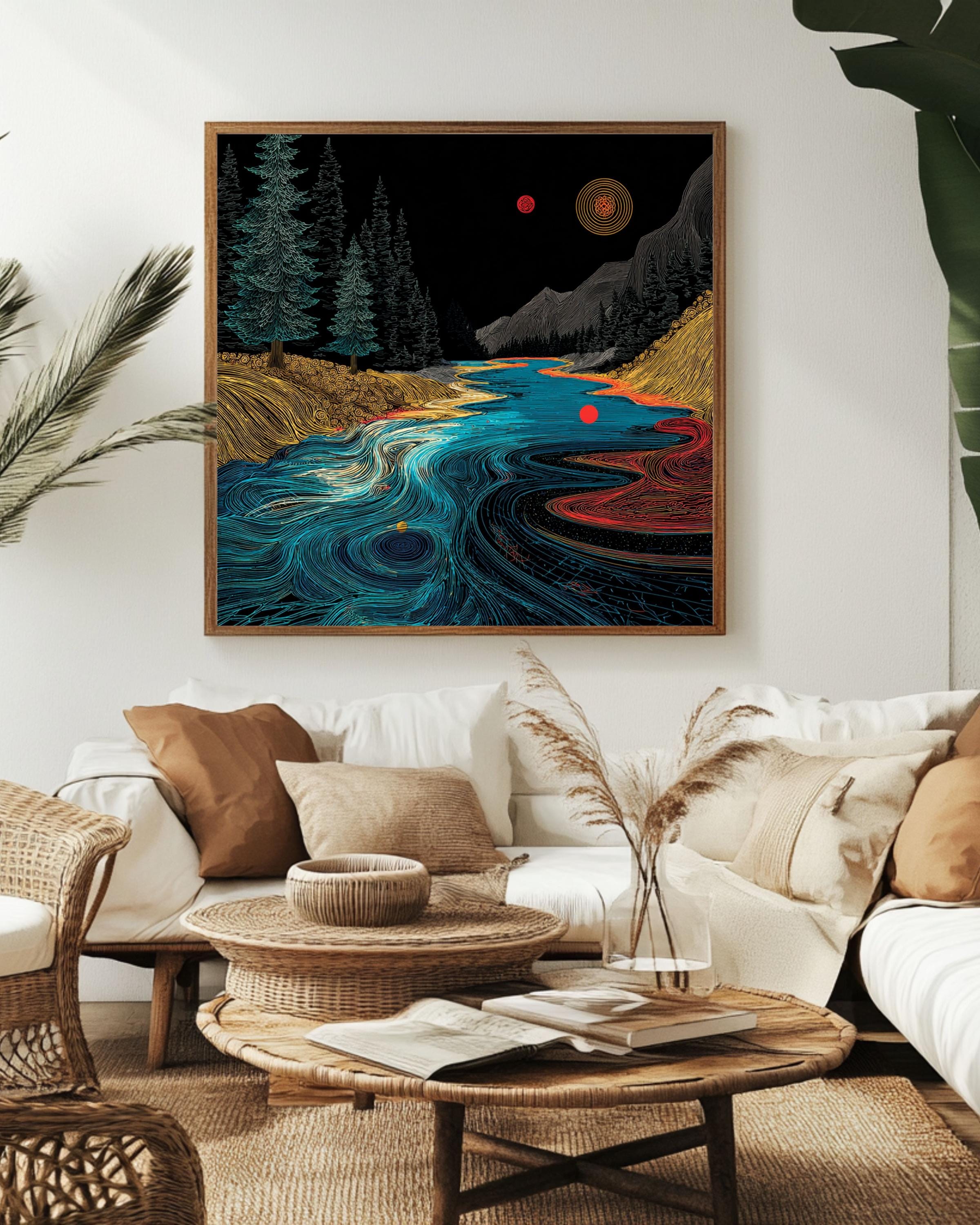 Abstract River Flow Art Print: Geometric Nature Landscape, Red Dot Accent Canvas Wall Art – Modern Decor Print