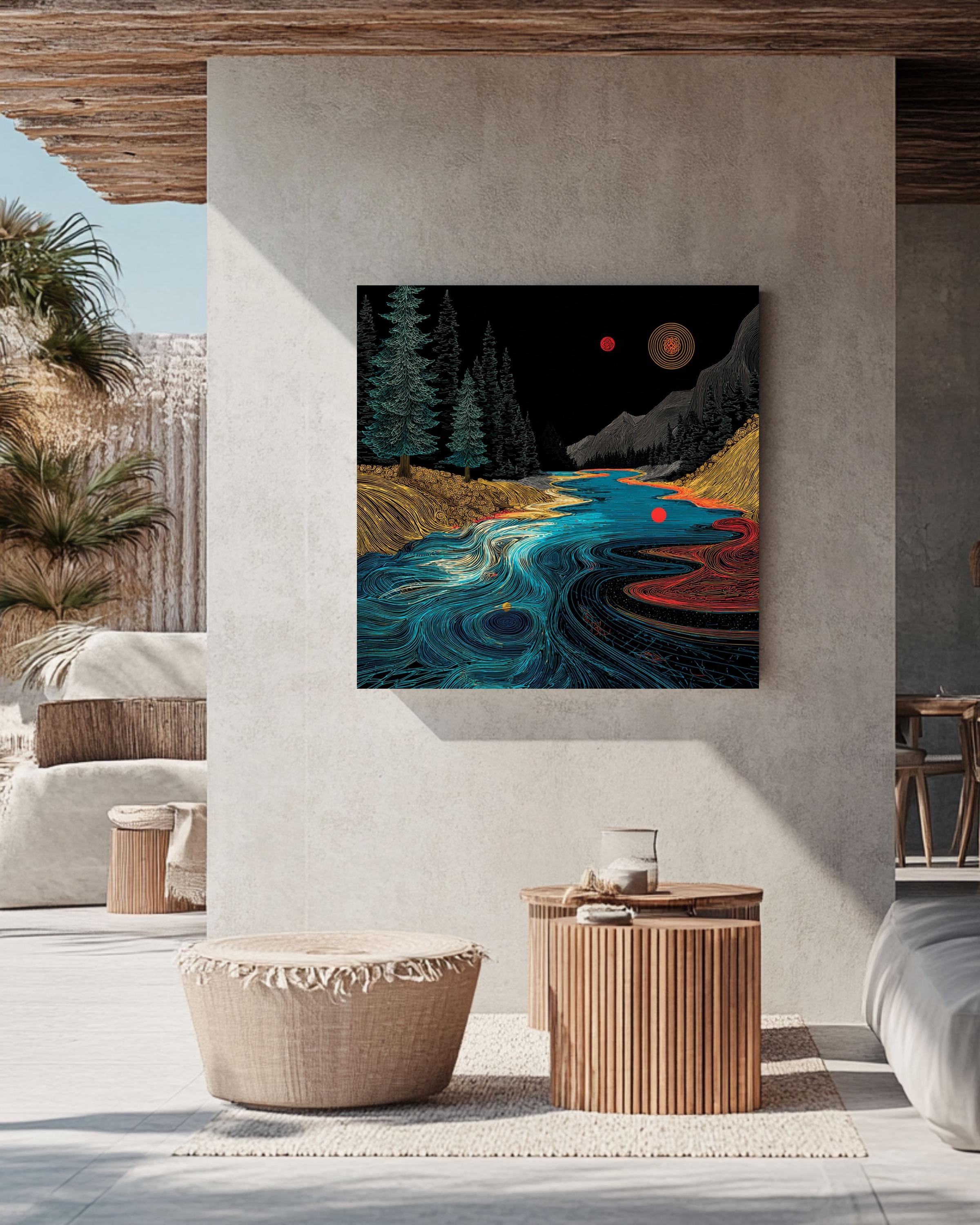 Abstract River Flow Art Print: Geometric Nature Landscape, Red Dot Accent Canvas Wall Art – Modern Decor Print
