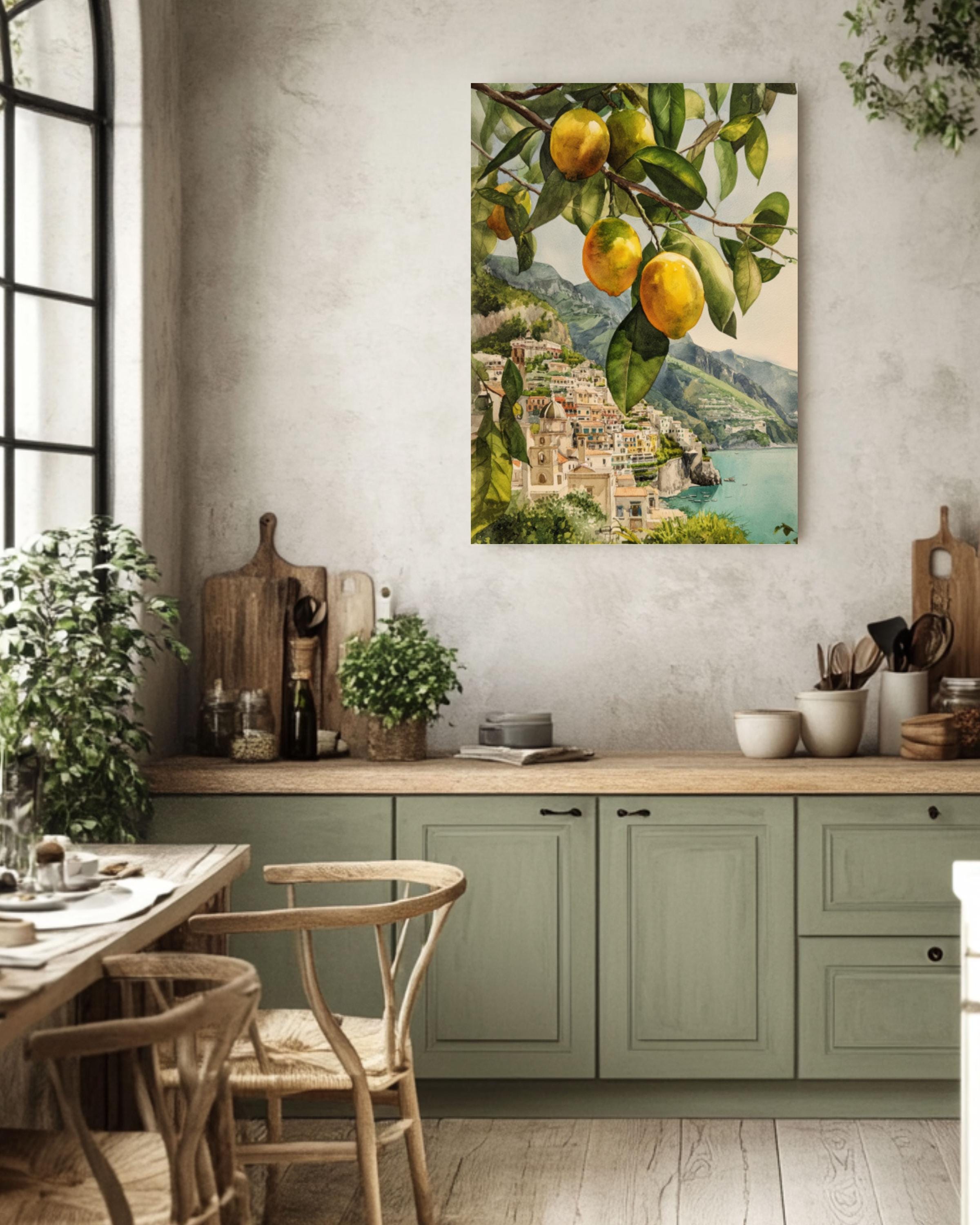 Amalfi Coast Lemon Tree Print: Italian Coastal Art, Ocean View Canvas Wall Art – Modern Decor Print